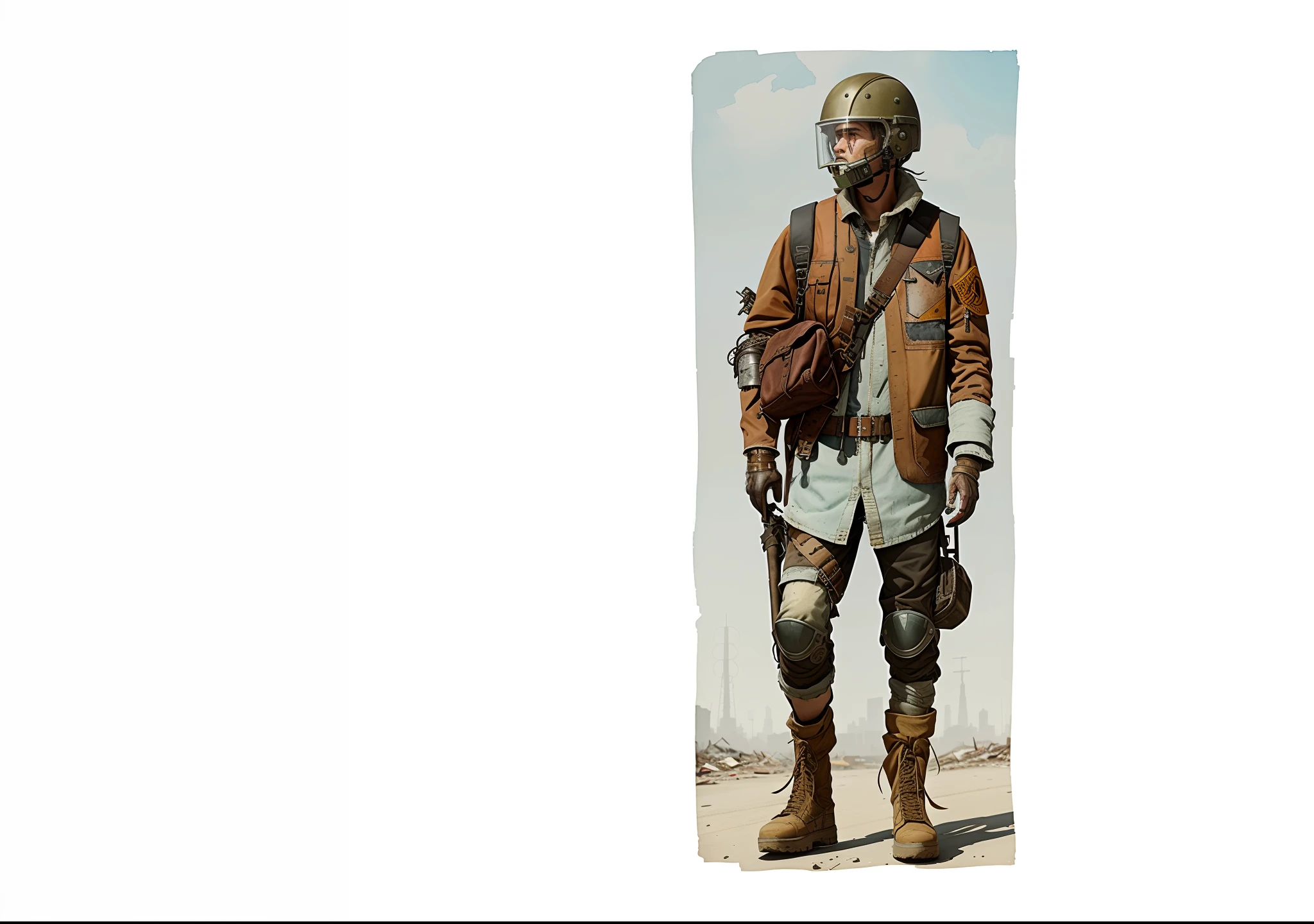 HD watercolor style, loose jacket, bloated clothes, dystopian, wasteland punk costumes, stitched fashion shabby outfits, holding wooden sticks, frosted brown clothes exposing mechanical and wiring details, carrying backpack, wearing helmet, face shield, close-up helmet for shots.