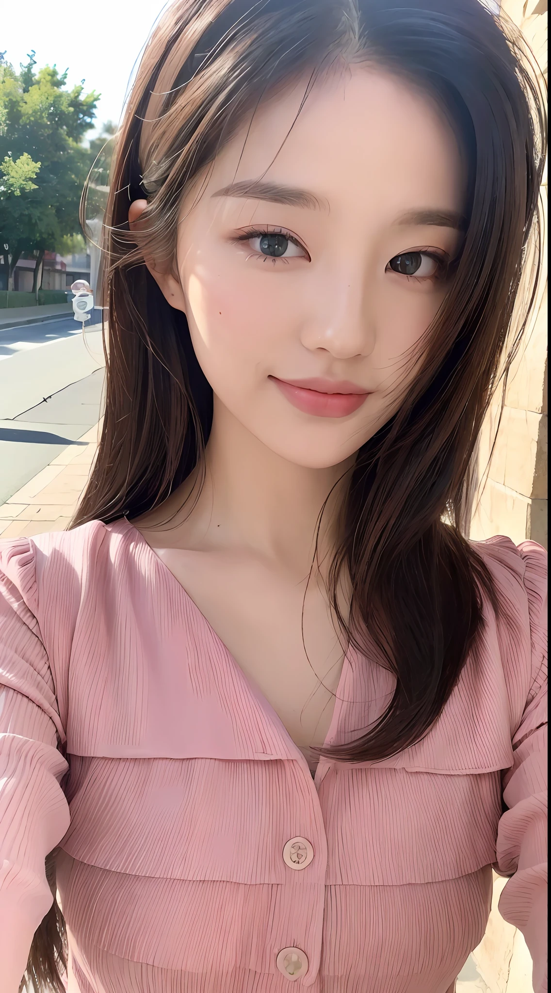 ((Best quality, 8k, Masterpiece :1.3)), Sharp focus :1.2, Perfect Body Beauty:1.4, Slim Abs:1.2, ((Layered hairstyle:1.2)), (Pink shirt:1.1), (Street:1.2), Highly detailed face and skin texture, Detailed eyes, Double eyelids, smile,