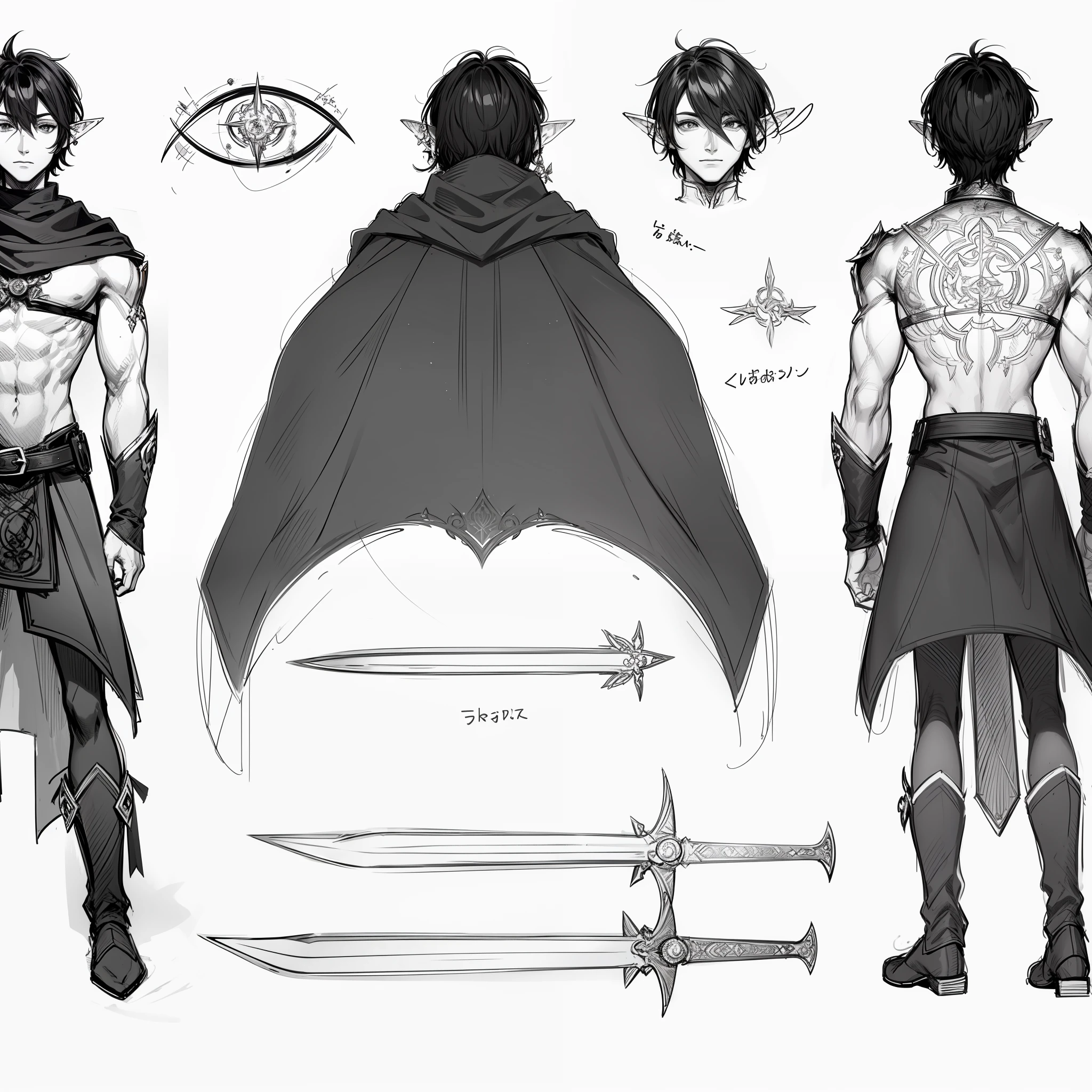 Male elf character sketch, cape with sigils and golden auras.