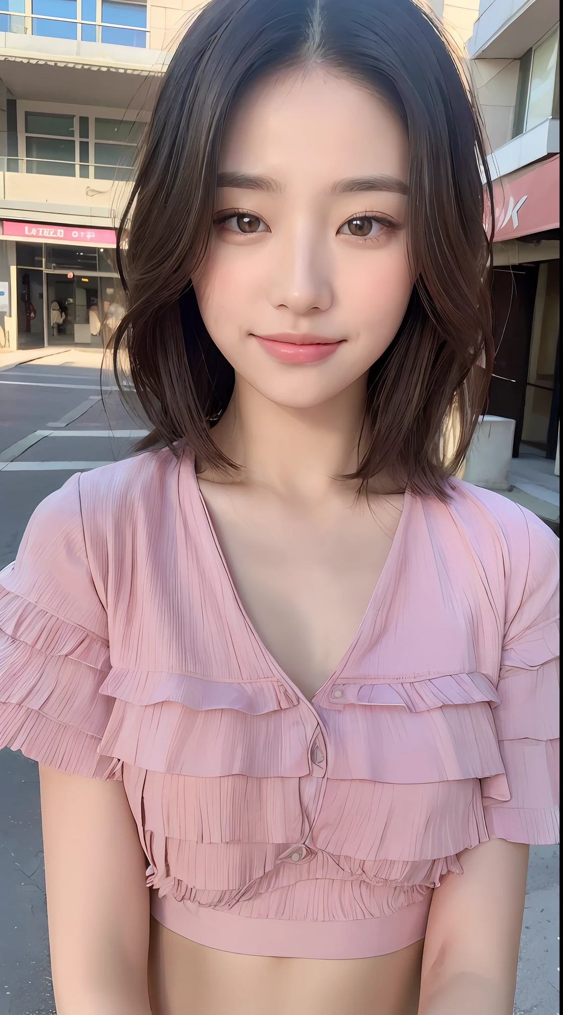 ((Best quality, 8k, Masterpiece :1.3)), Sharp focus :1.2, Perfect Body Beauty:1.4, Slim Abs:1.2, ((Layered hairstyle:1.2)), (Pink shirt:1.1), (Street:1.2), Highly detailed face and skin texture, Detailed eyes, Double eyelids, smile,