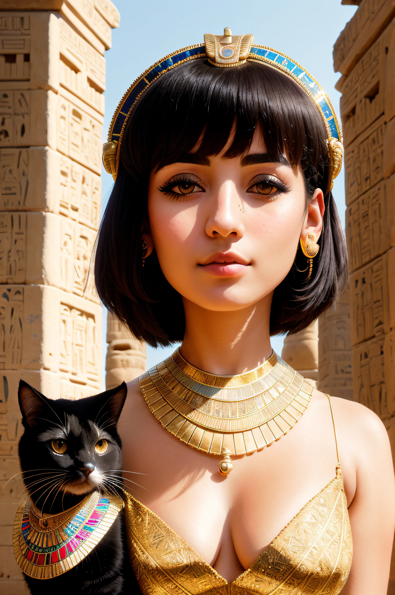 Highest quality, masterpiece, medium closeup shot, RAW photo, of (elegant ancient Egyptian woman with short hair, in Egyptian temple, with a fluffy cute cat), (psychedelia), ancient Egyptian attire, Cleopatra, (sphinx:0.6), (pyramids:0.7),  (highly detailed skin), ancient rune tattoos, skin texture,  (portrait:0.9), (detailed face), alluring eyes, [cool|warm] color temperature, soft focus, diffused soft lighting, (backlighting:0.8), photographed on a Nikon D850, 50mm lens, F/2.8 aperture, (exposure boost:0.5), (highly detailed, intricate details), minimal shadows, absurdres, 8mm film grain