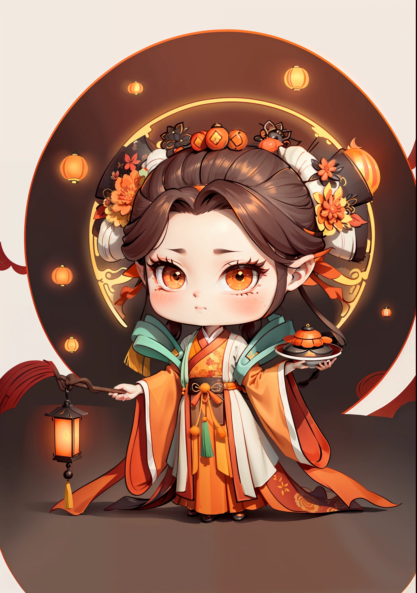 A Chinese girl in Hanfu, carrying a lantern, autumn, Mid-Autumn Festival, mooncakes, dark brown hair, ancient Chinese hair bun, pattern, orange-red skirt, cyan-orange color matching, osmanthus flowers on both sides of the hair, some metal flower headdress, bright color blocks, bright colors, line art, infinite details, fine painting, exquisite depiction, blank background 8k,