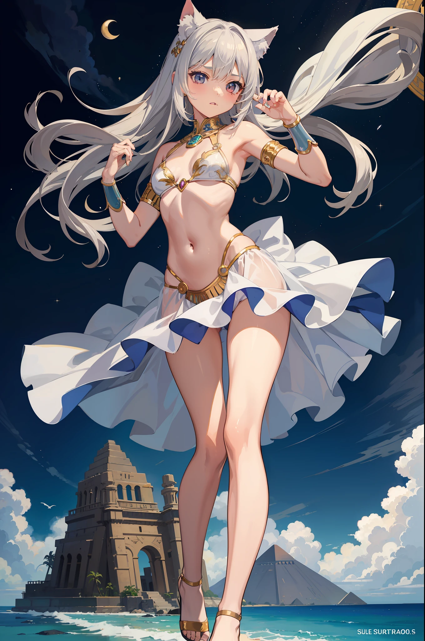 (Masterpiece), (Top Quality Anime Illustration), (Super Definition), One Girl, Solo, Silver-haired Beautiful Girl, Anime Loli, Cat Ear Loli, Petite, Small Breasts, Cleavage Emphasis, Underboob, Thigh Emphasis, Bastet God Costume, See-through, Egyptian Mythology, Water