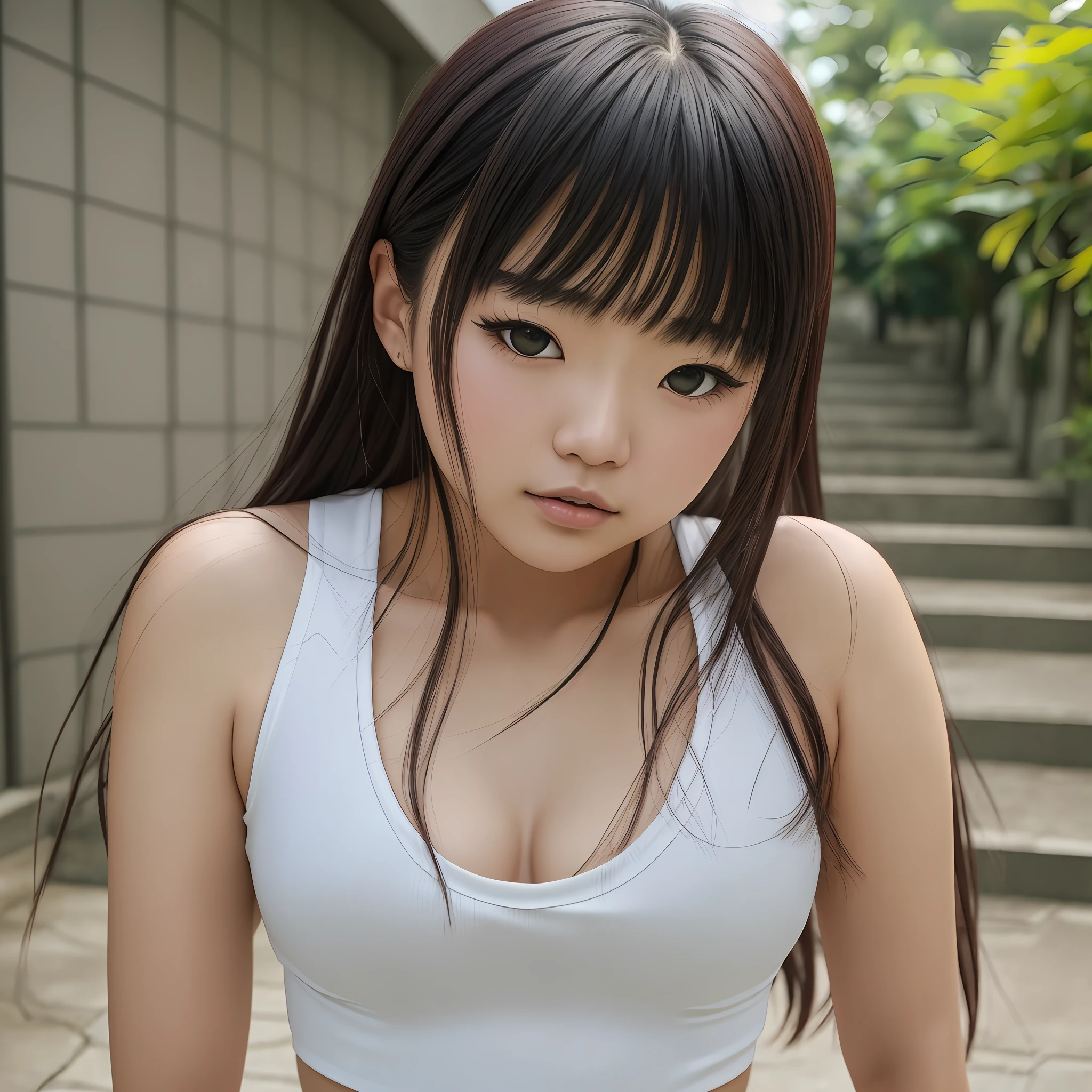 NSFW, 8K Raw Photography, Best Quality, Masterpiece, Ultra HD, Film Grain, filmg, 1girl, Look Viewer, Natural Skin Texture, Realistic Eye and Face Details, Full Lips, Lipstick, Kazue Kato, 20 years old, Female, Akiko Toshitakase, Kiyoko Suzuki, Rinko Kawaichi, Yuka Kazami, Shiori Teshirogi, Yasumoto Oka, Ayami Kojima, Takeyuki Kanda, Chiho Ajima, Aoi Ogata ,Height 158cm,Weight 53kg,Bust 83cm(D cup), Waist 61cm, Hips 86cm, Long hair, white gym clothes, dark blue bloomers, playground (background) --auto --s2