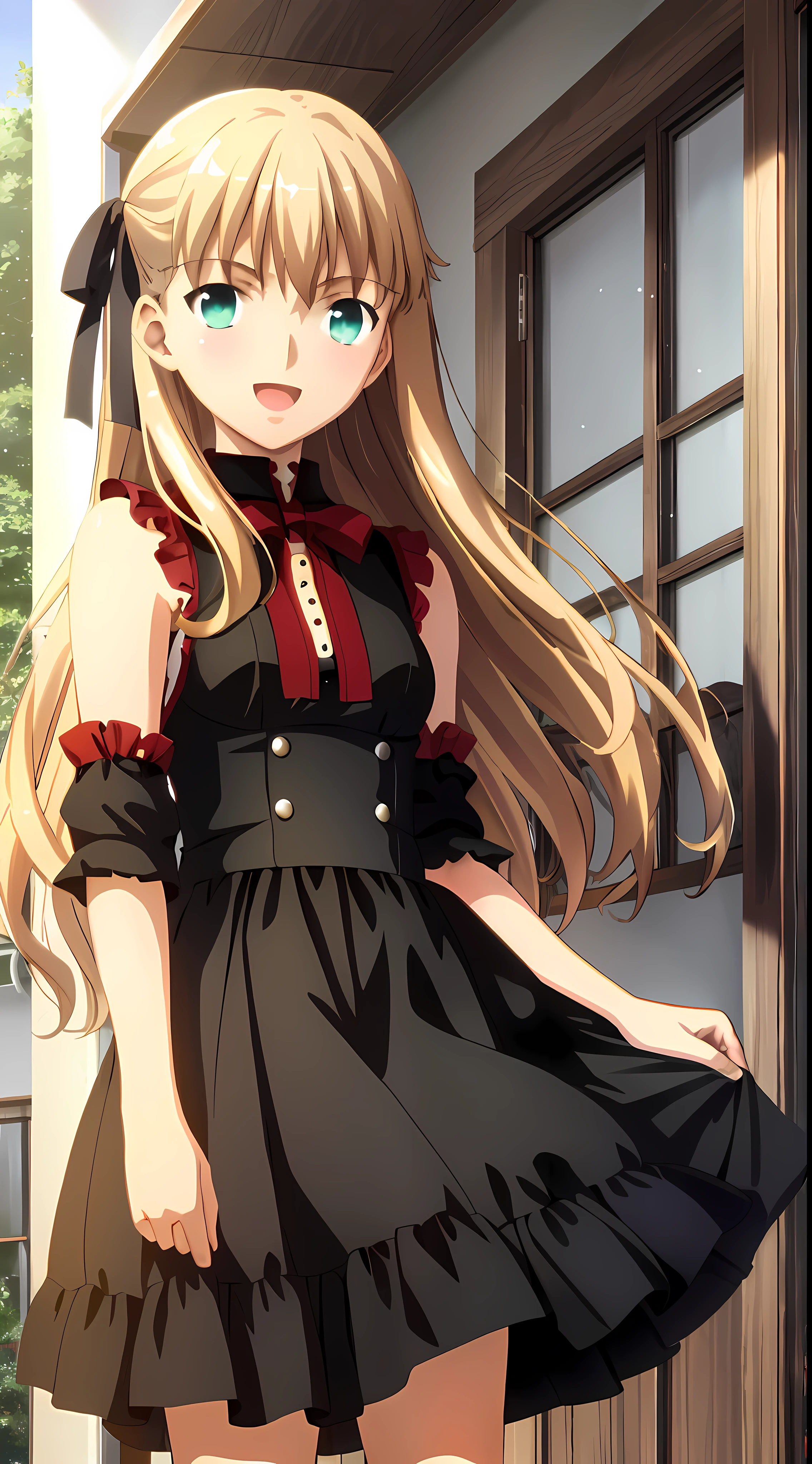 (masterpiece, best quality, ultra resolution, high-res, ufotable screen cap, official art, closeup), a cute  girl, 1girl, solo, blonde very long hair, green eyes, detailed eyes, beautiful detailed eyes, detailed hands, sleeveless white shirt, black skirt, (small breasts, Loli:1.2), open mouth, big smile, happy, cute, looking at viewer, indoors, very very cute