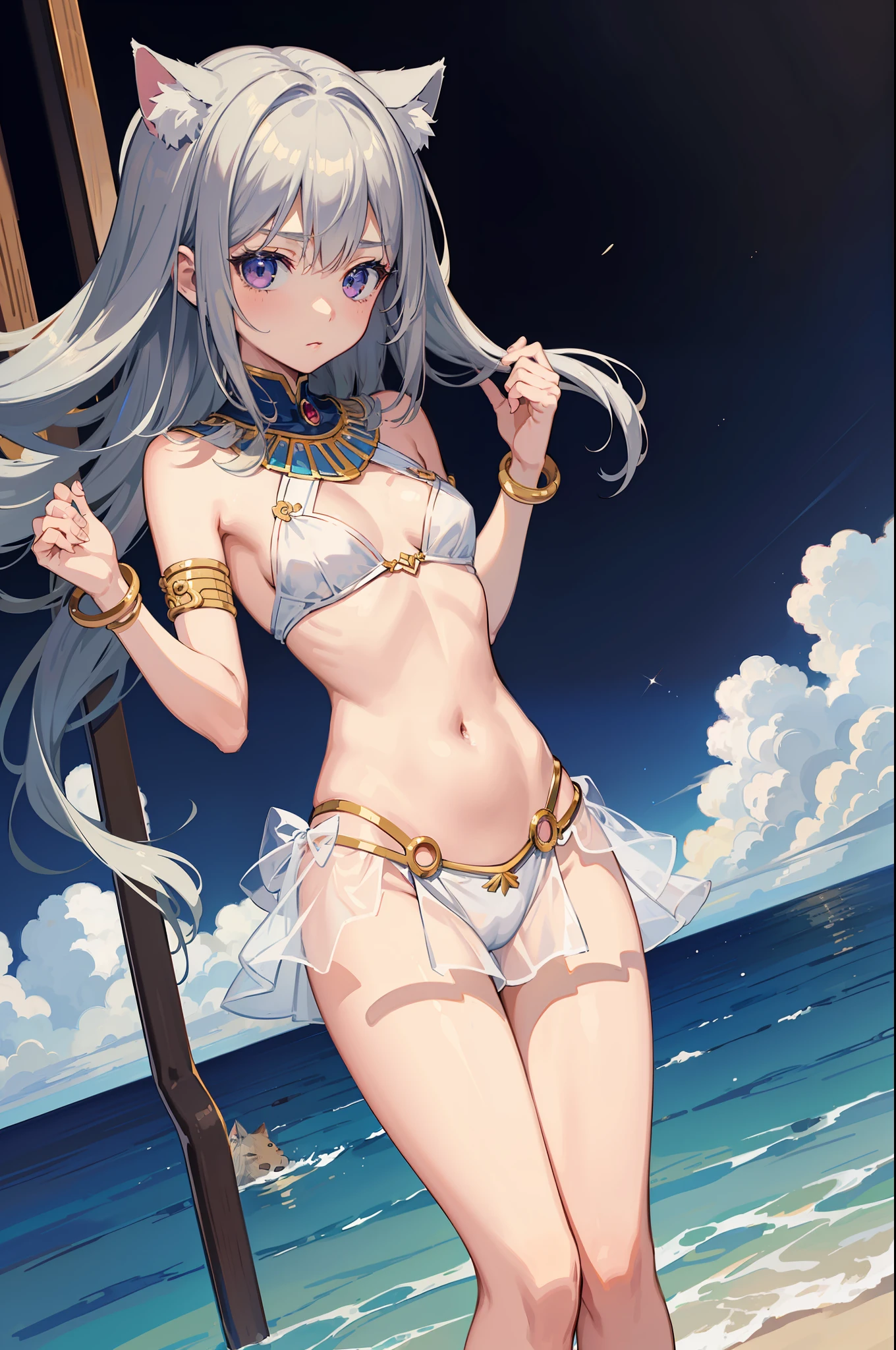 (Masterpiece), (Top Quality Anime Illustration), (Super Definition), One Girl, Solo, Silver-haired Beautiful Girl, Anime Loli, Cat Ear Loli, Petite, Small Breasts, Cleavage Emphasis, Underboob, Thigh Emphasis, Bastet God Costume, See-through, Egyptian Mythology, Water