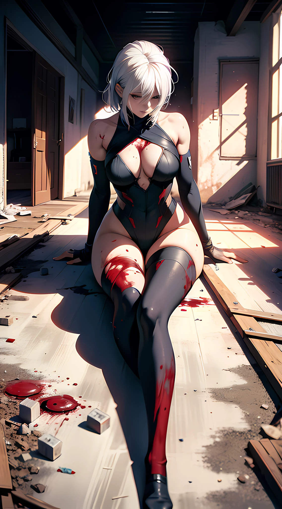 1 weak sexy beautiful woman, white hair spread on the ground, body scarred, lying in a broken room full of blood, realistic fantasy rendering, super realistic 8k octane photos, cool colors, perfect body proportions, perfect appearance, realism