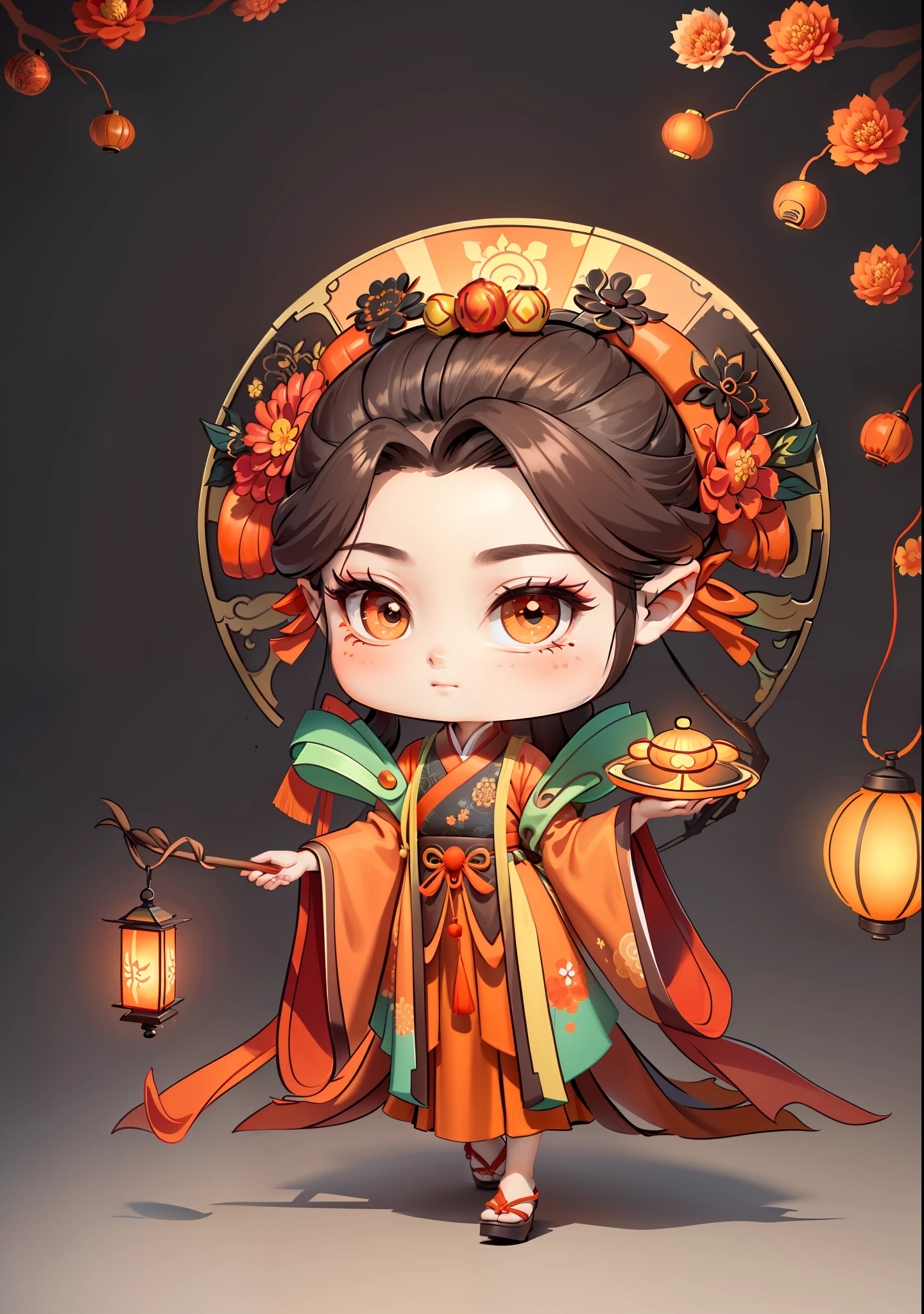 A Chinese girl in Hanfu, holding a lantern in one hand, dragging mooncakes with the other, autumn, Mid-Autumn Festival, mooncakes, dark brown hair, ancient Chinese hair bun, pattern, orange-red skirt, cyan-orange color matching, osmanthus flowers on both sides of the hair, some metal flower headdresses, bright color blocks, bright colors, line art, infinite details, fine painting, exquisite portrayal, blank background 8k,