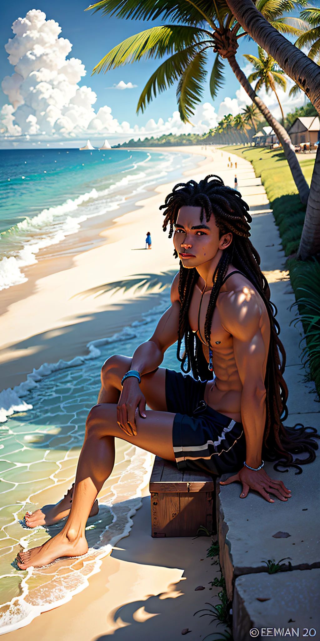 Summer, sun, beach, coconut palms, yachts on the sea, nature, light blue sky, people swimming by the sea in the distance, morro de são paulo, bahia, brasil, anime style, 2d, boy sitting in the shade of the coconut tree, with his hand on his knee, looking down, luminous, dark skin, long hair of dreads, tan, surfboard, surf, high waves, sem camisa, cabsbaixo, pensativo, luz do sol, brilho no rosto, sombra no rosto, sentado na areia, vegetação ao redor, pedra com musgo