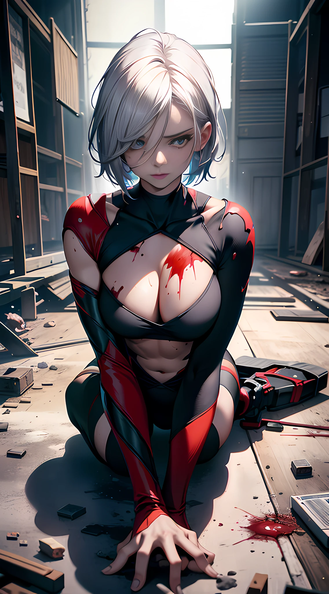 1 weak sexy beautiful woman, white hair spread on the ground, body scarred, lying in a broken room full of blood, realistic fantasy rendering, super realistic 8k octane photos, cool colors, perfect body proportions, perfect appearance, realism