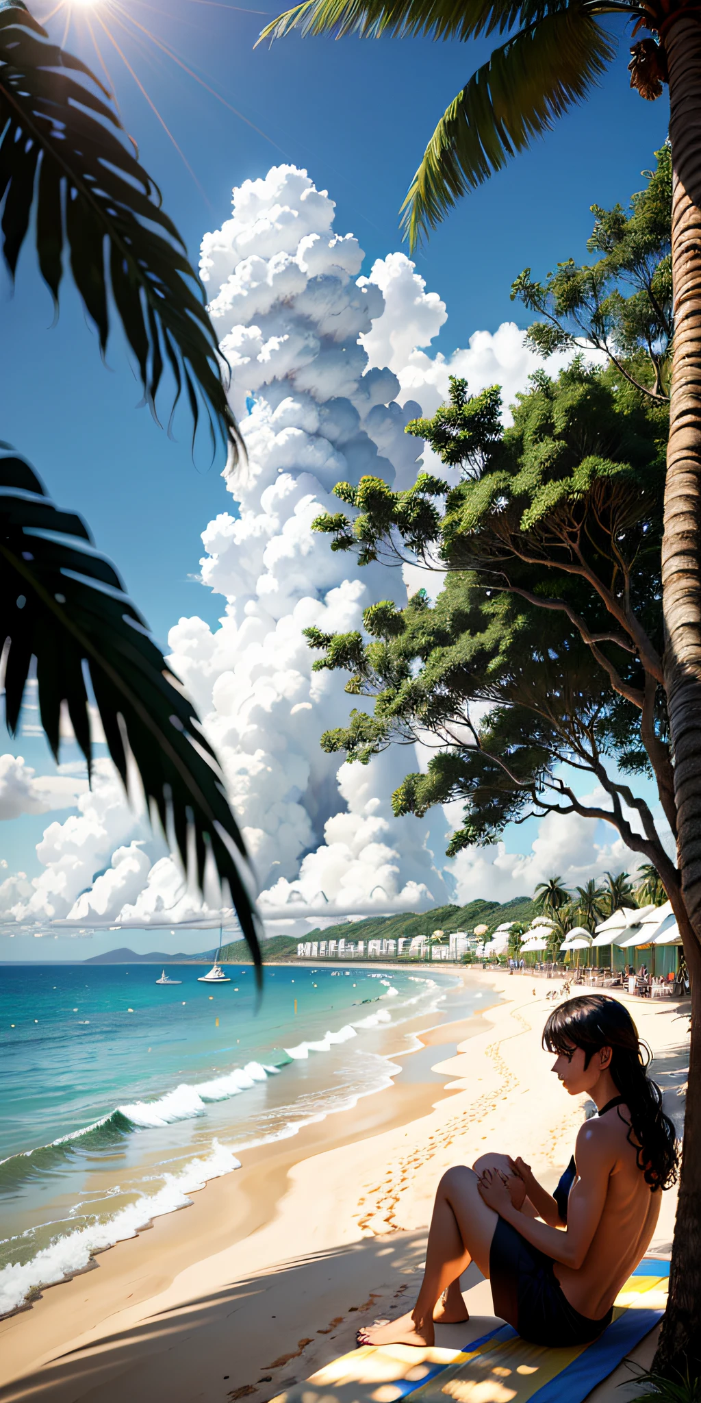 Summer, sun, beach, coconut palms, yachts on the sea, nature, light blue sky, people swimming by the sea in the distance, morro de são paulo, bahia, brasil, anime style, 2d, boy sitting in the shade of the coconut tree, with his hand on his knee, looking down, luminous, dark skin, long hair of dreads, tan, surfboard, surf, high waves, sem camisa, cabsbaixo, pensativo, luz do sol, brilho no rosto, sombra no rosto, sentado na areia, vegetação ao redor, pedra com musgo