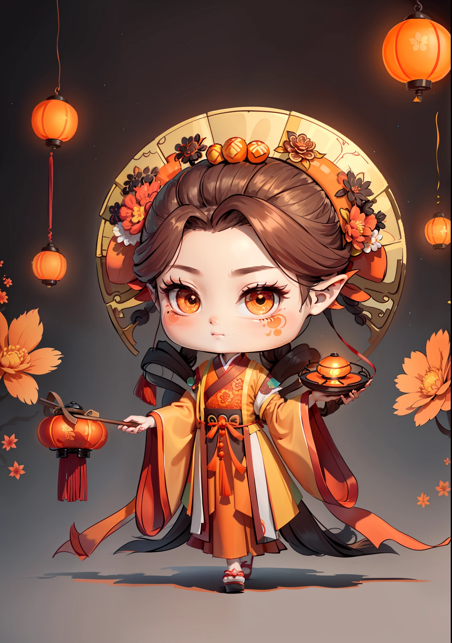 A Chinese girl in Hanfu, holding a lantern in one hand, dragging mooncakes with the other, autumn, Mid-Autumn Festival, mooncakes, dark brown hair, ancient Chinese hair bun, pattern, orange-red skirt, cyan-orange color matching, osmanthus flowers on both sides of the hair, some metal flower headdresses, bright color blocks, bright colors, line art, infinite details, fine painting, exquisite portrayal, blank background 8k,
