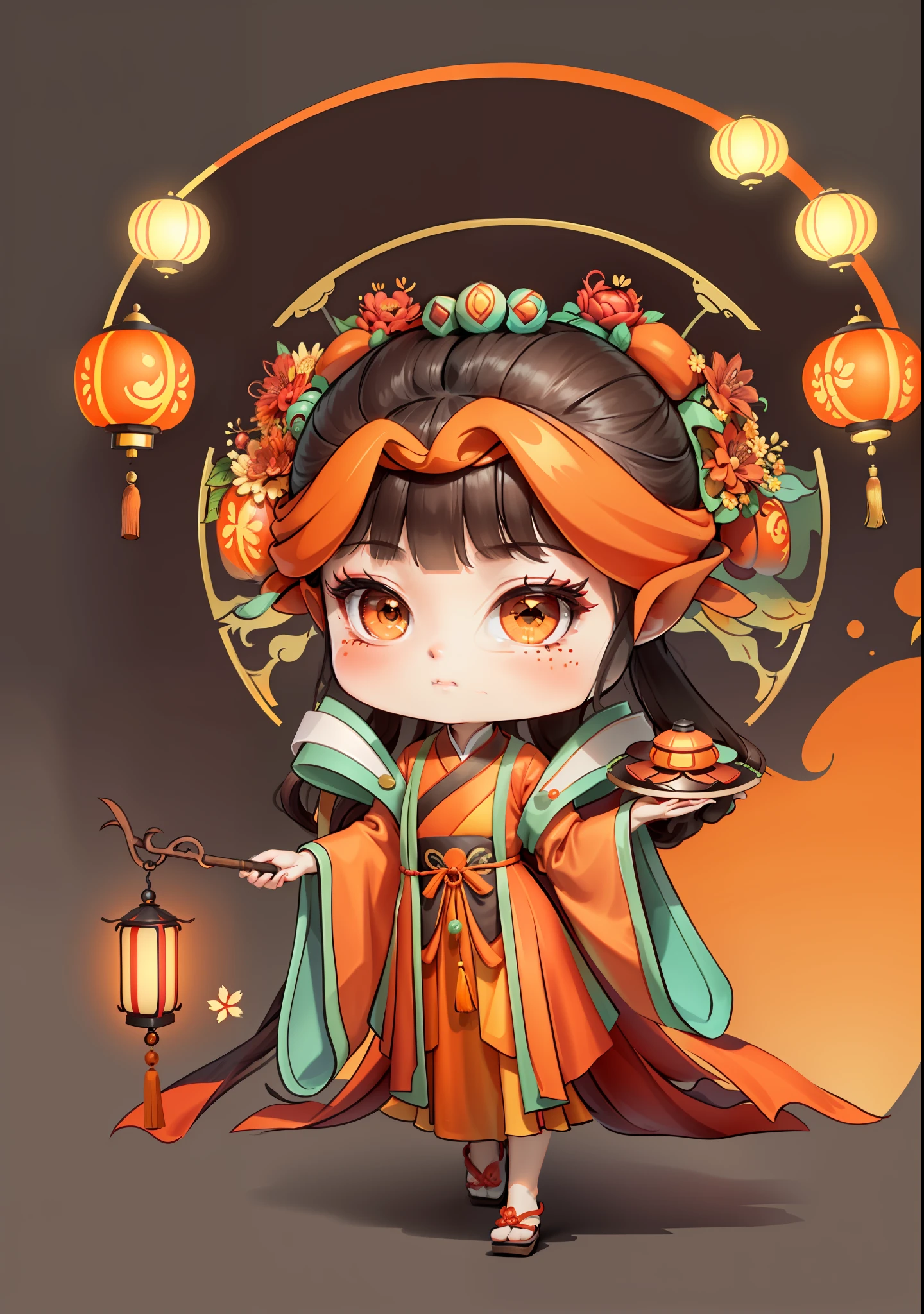 A Chinese girl in Hanfu, carrying a lantern, autumn, Mid-Autumn Festival, mooncakes, dark brown hair, ancient Chinese hair bun, pattern, orange-red skirt, cyan-orange color matching, osmanthus flowers on both sides of the hair, some metal flower headdress, bright color blocks, bright colors, line art, infinite details, fine painting, exquisite depiction, blank background 8k,