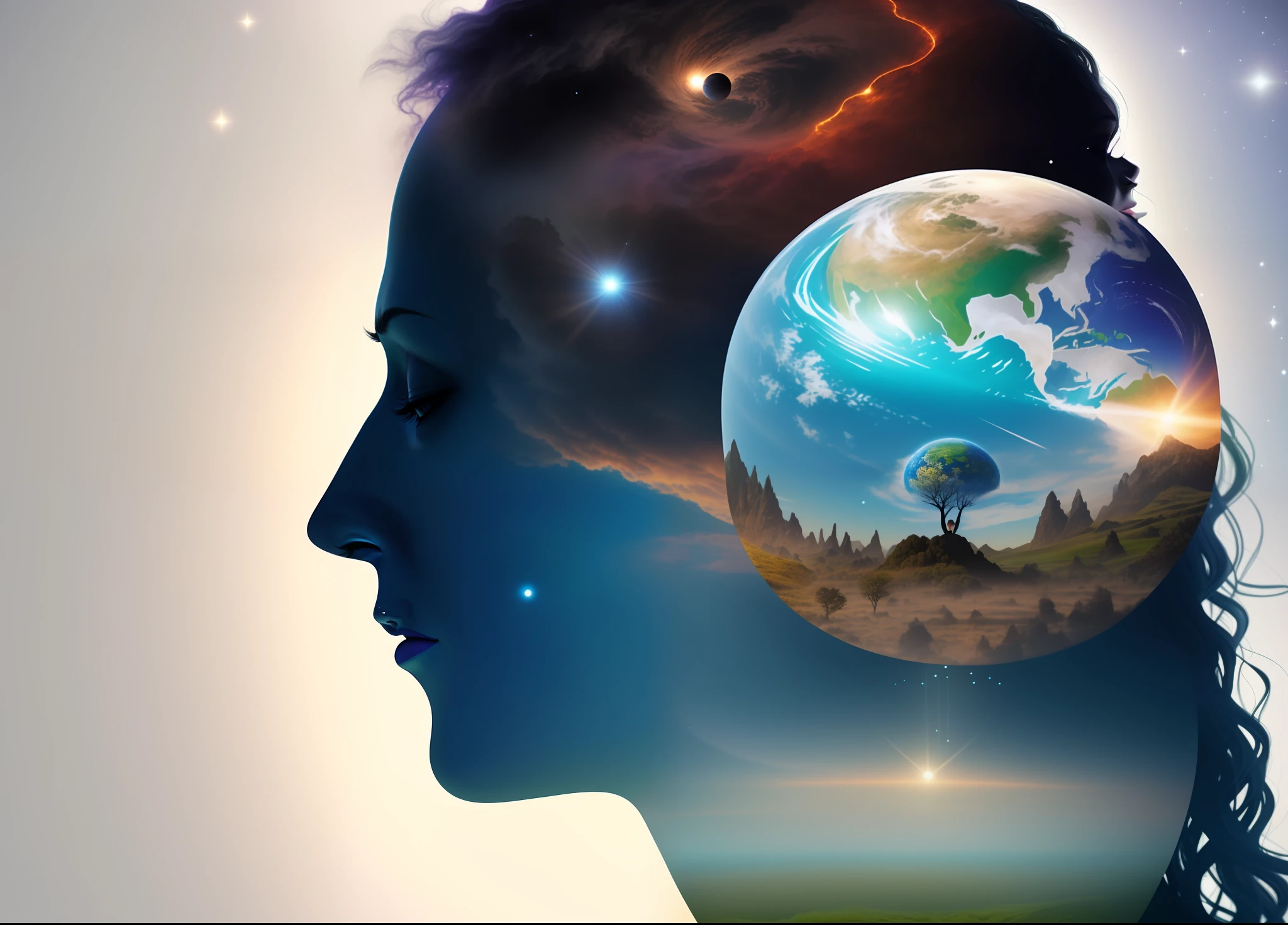 arafed image of a woman's head with a planet in the middle, by Kurt Roesch, consciousness projection, matte painting of human mind, mother earth, by Joseph Werner, face made out of planet, artistic illustration, gaia human and digital, artistic photo, illustration!, elevated consciousness, enviromental portrait, consciousness, face melting into the universe