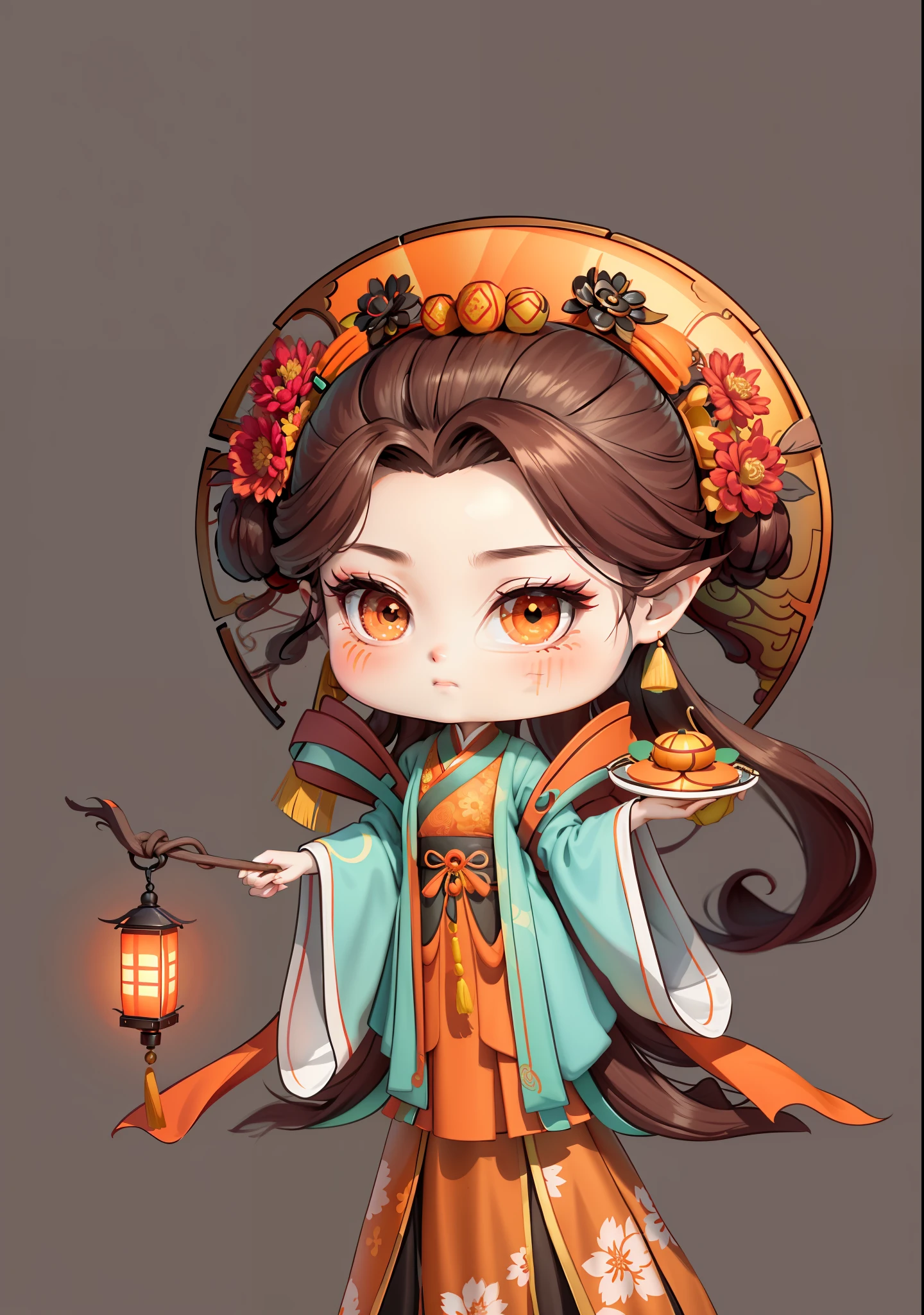 A Chinese girl in Hanfu, carrying a lantern, autumn, Mid-Autumn Festival, mooncakes, dark brown hair, ancient Chinese hair bun, pattern, orange-red skirt, cyan-orange color matching, osmanthus flowers on both sides of the hair, some metal flower headdress, bright color blocks, bright colors, line art, infinite details, fine painting, exquisite depiction, blank background 8k,