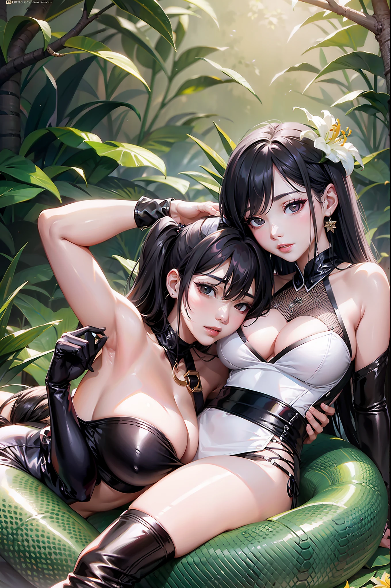 Two beauties lying on a python lily, Korean idol, sexy, dark feeling