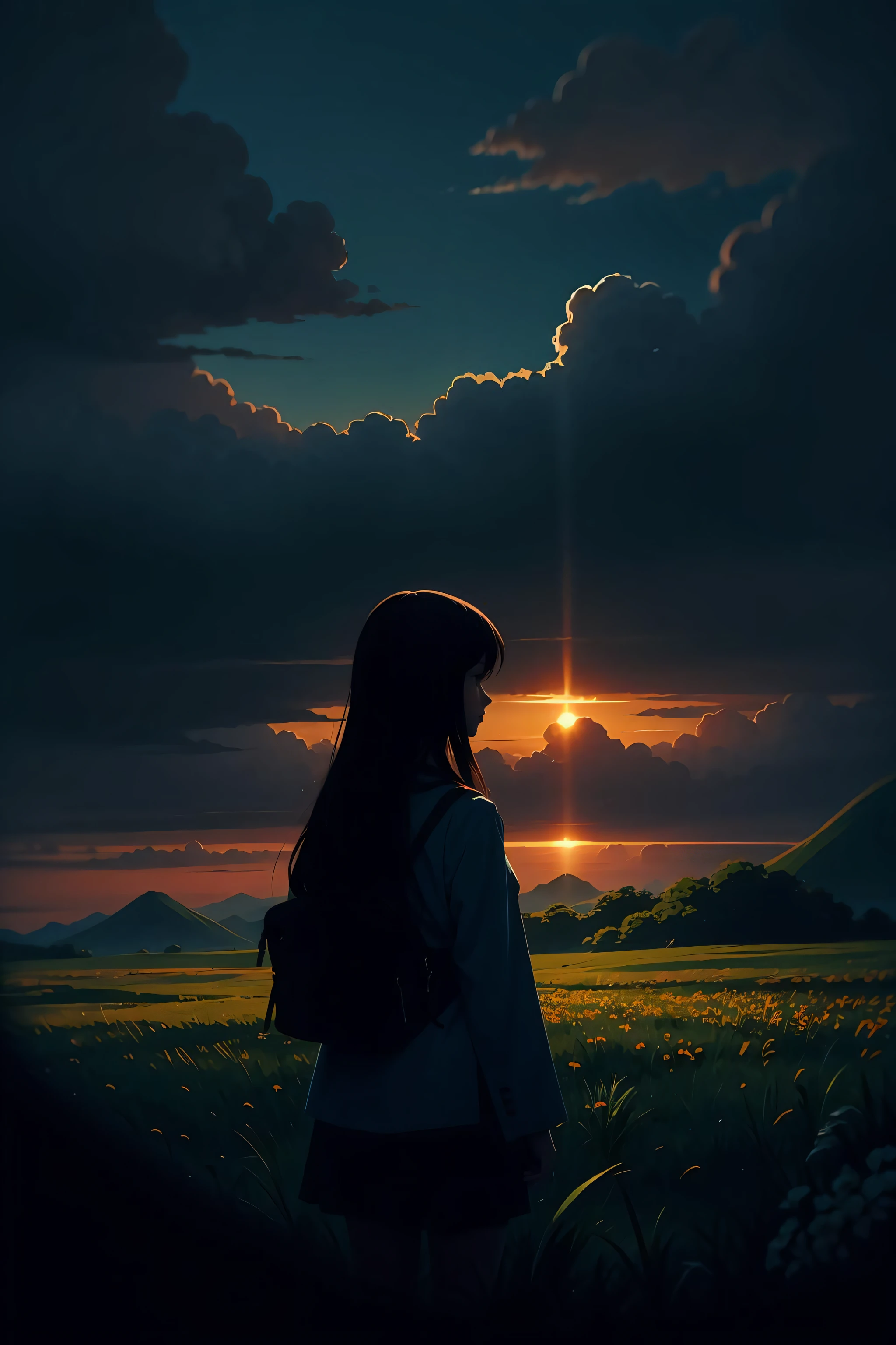 1girl, sketch,  anime key visual,  landscape of a Ultrarealistic Brutal color field  and Christ the Redeemer, at Midday, Sketch, islandpunk, moody lighting, Oversaturated, overlapping compositions