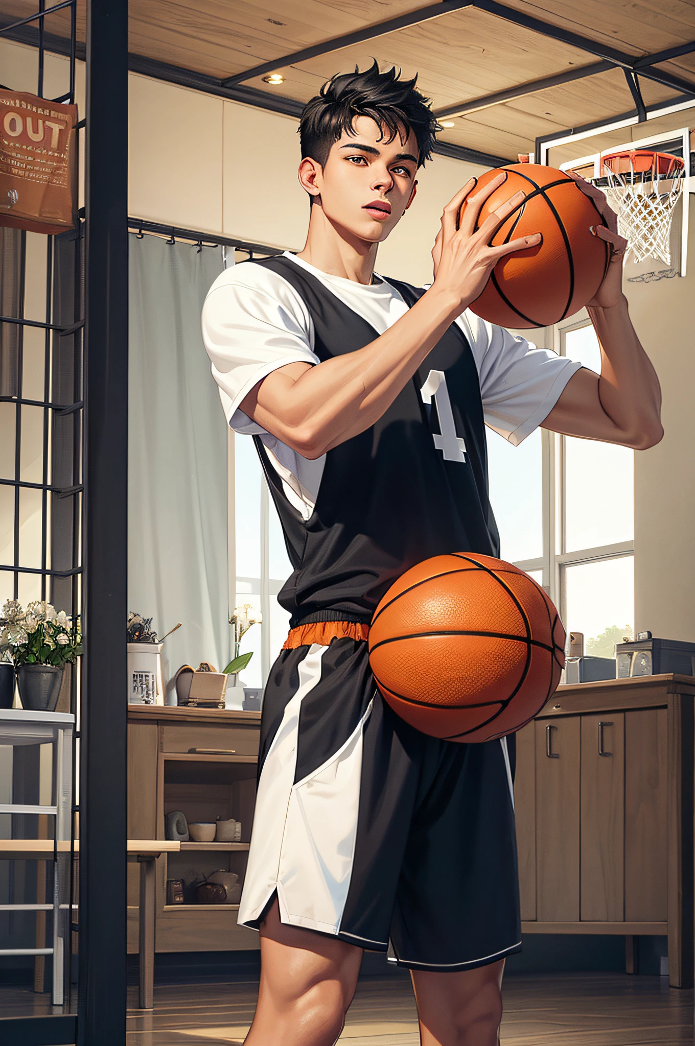 It was a shapely, energetic young man wearing a loose sweatshirt and shorts, professional sneakers and an orange basketball in his hand. His face was full of confidence and focus, his eyes were sharp, and he looked at the basketball frame in front of him, as if thinking about the next offensive plan. Sunlight shone through the windows on his face, reflecting his healthy complexion and clear silhouette. Basketball seemed to be a part of his hands, showing his love of sport and the mastery of his craft. The entire standing painting is full of modernity and vitality, showing the charm of this young man and the charm of sports. Painting style 2.5 dimension