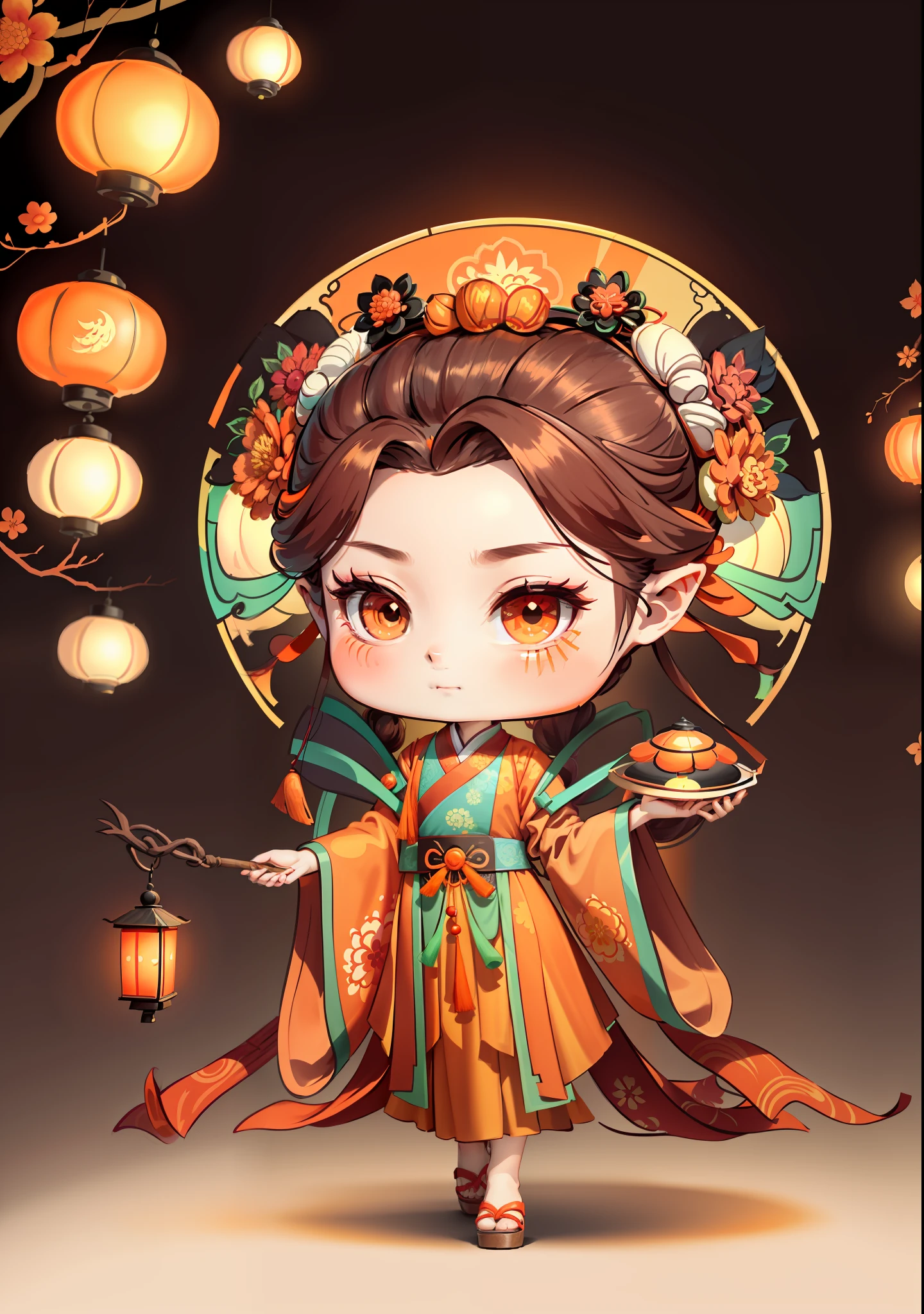 A Chinese girl in Hanfu, holding a lantern in one hand, dragging mooncakes with the other, autumn, Mid-Autumn Festival, mooncakes, dark brown hair, ancient Chinese hair bun, pattern, orange-red skirt, cyan-orange color matching, osmanthus flowers on both sides of the hair, some metal flower headdresses, bright color blocks, bright colors, line art, infinite details, fine painting, exquisite portrayal, blank background 8k,