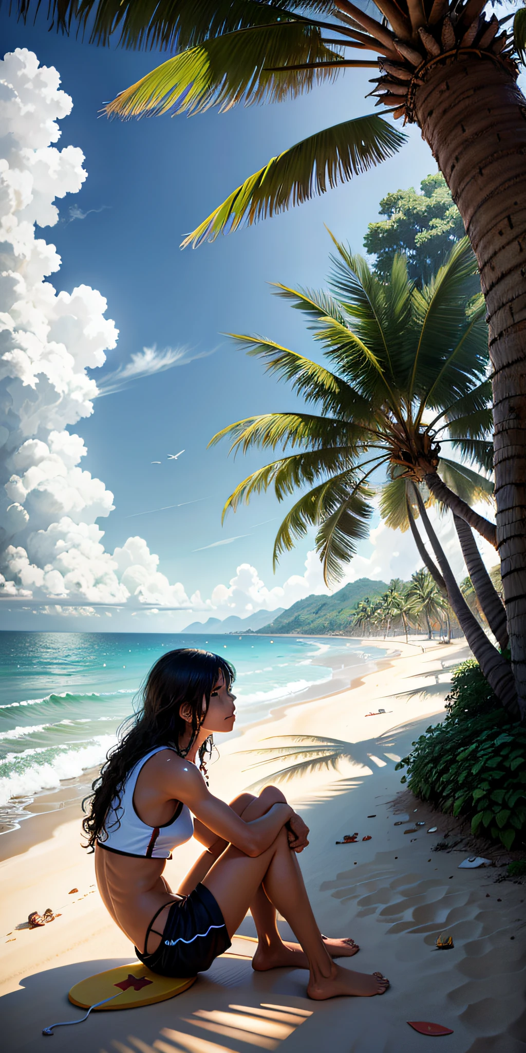 Summer, sun, beach, coconut palms, yachts on the sea, nature, light blue sky, people swimming by the sea in the distance, morro de são paulo, bahia, brasil, anime style, 2d, boy sitting in the shade of the coconut tree, with his hand on his knee, looking down, luminous, dark skin, long hair of dreads, tan, surfboard, surf, high waves