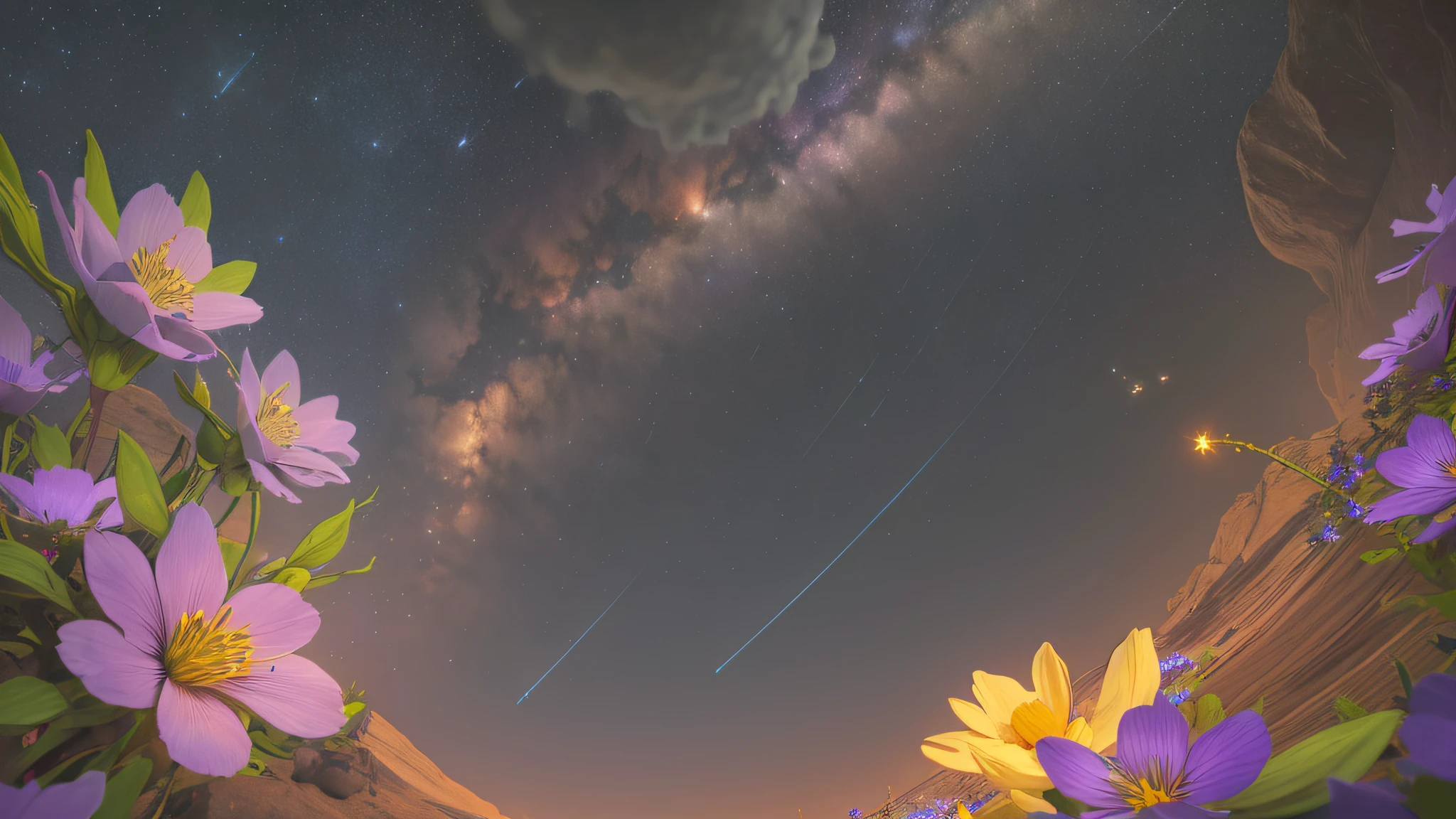 (zoomed out:1.1), (meteor shower:1.2), (comet:1.1), low angle, aroura borealis, shooting star, cloud, colorful, starry, stars, night, flower field, flower blossom, night sky, beautiful flowers, night theme, Surrealism, high detail, from below, from below, Hyperrealism, Impressionism, best quality, masterpiece, UHD, retina, award winning, 4K, anatomically correct, super detail