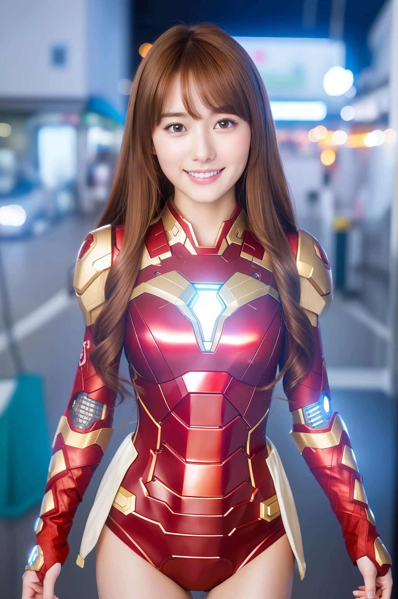 (8k, RAW photo: 1.2), top quality, super high resolution, very detailed, intricate detail, masterpiece, super detail, illustration, high resolution, soft light, 18 year old idol of Japan, cute, smile, sexy, show cleavage,
One girl, (very detailed upper body dressed as Iron Man), (showing full thighs (beautiful legs)), medium breasts, (light brown hair: 1), detailed face, movie, city, day, viewer see, calm colors, soft cinematic light, intricate details, hyper detail, masterpiece, HDR, sharp focus, high quality, film grain, (smile: 1.5)