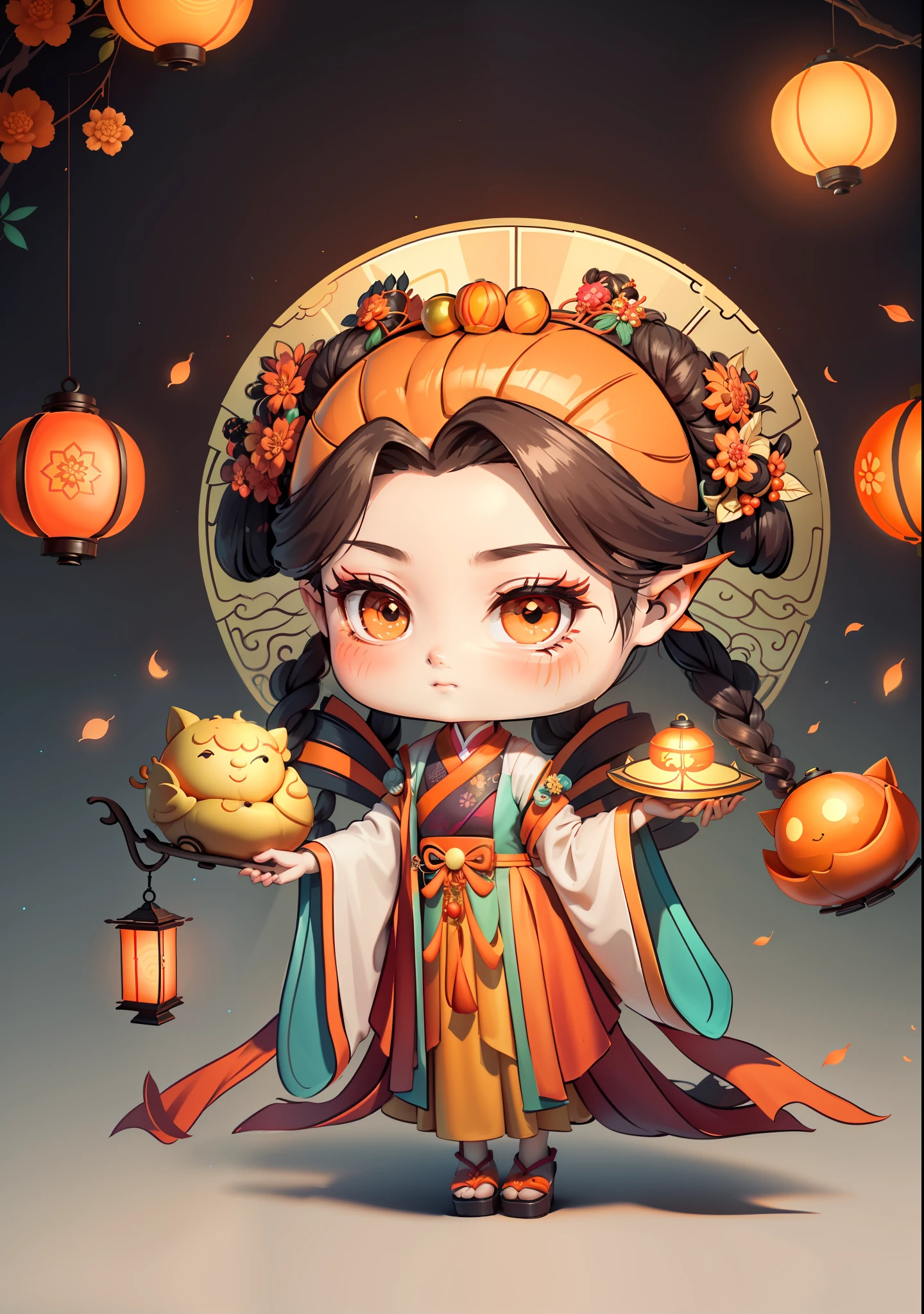 A Chinese girl in Hanfu, holding a lantern in one hand, dragging mooncakes with the other, autumn, Mid-Autumn Festival, mooncakes, dark brown hair, ancient Chinese hair bun, pattern, orange-red skirt, cyan-orange color matching, golden osmanthus flowers on both sides of the hair, some metallic flower headdresses, bright color blocks, bright colors, line art, infinite details, fine painting, exquisite portrayal, blank background 8k,