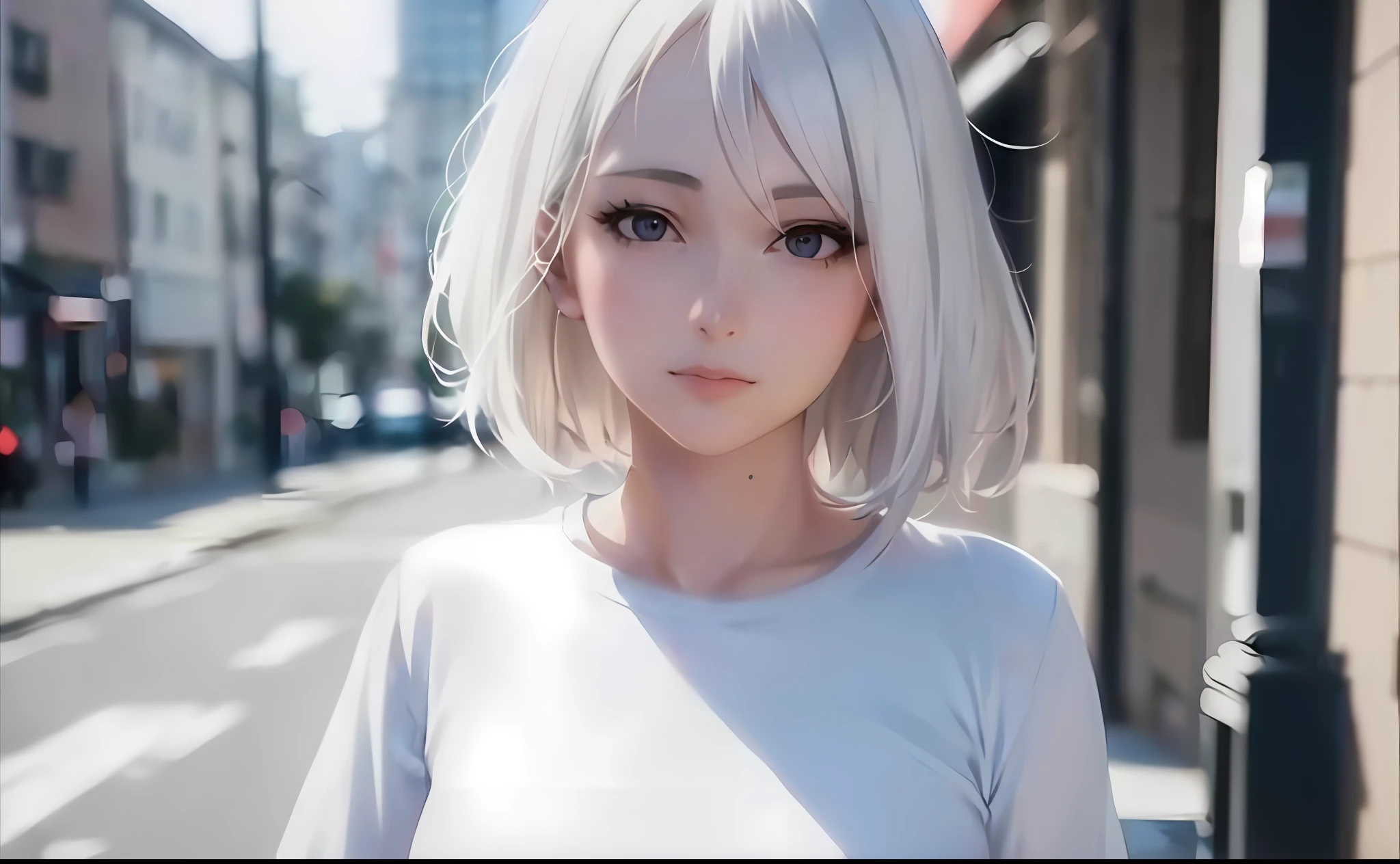 Close-up of a woman in a white shirt on a city street, anime girl in real life, Hakuhime haircut, ultra-realistic anime, girl with short white hair, perfect girl with white hair, stunning anime face portrait, reality - anime, realistic anime, subtle anime style, realistic anime 3 D style, anime inspiration, white hair girl, beautiful anime style, surrounded by flowers