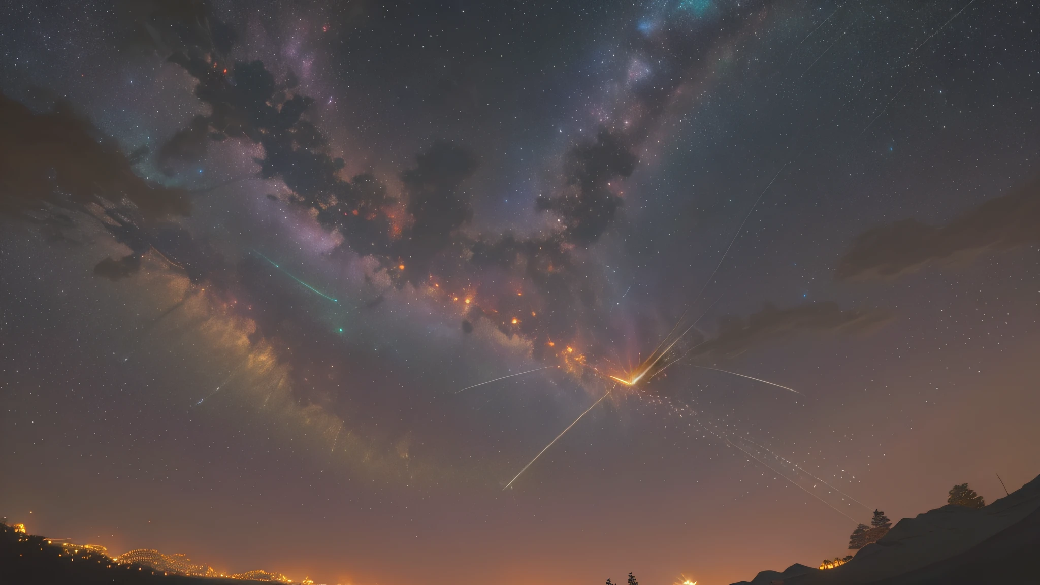 (zoomed out:1.1), (meteor shower:1.2), (comet:1.1), low angle, aroura borealis, shooting star, cloud, colorful, starry, stars, night, flower field, flower blossom, night sky, beautiful flowers, night theme, Surrealism, high detail, from below, from below, Hyperrealism, Impressionism, best quality, masterpiece, UHD, retina, award winning, 4K, anatomically correct, super detail