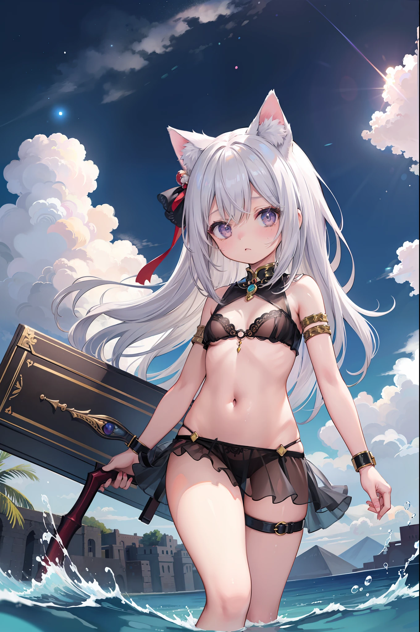 (Masterpiece), (Top Quality Anime Illustration), (Super Definition), One Girl, Solo, Silver-haired Beautiful Girl, Anime Loli, Cat Ear Loli, Petite, Small Breasts, Cleavage Emphasis, Underboob, Thigh Emphasis, Bastet God Costume, See-through, Egyptian Mythology, Water