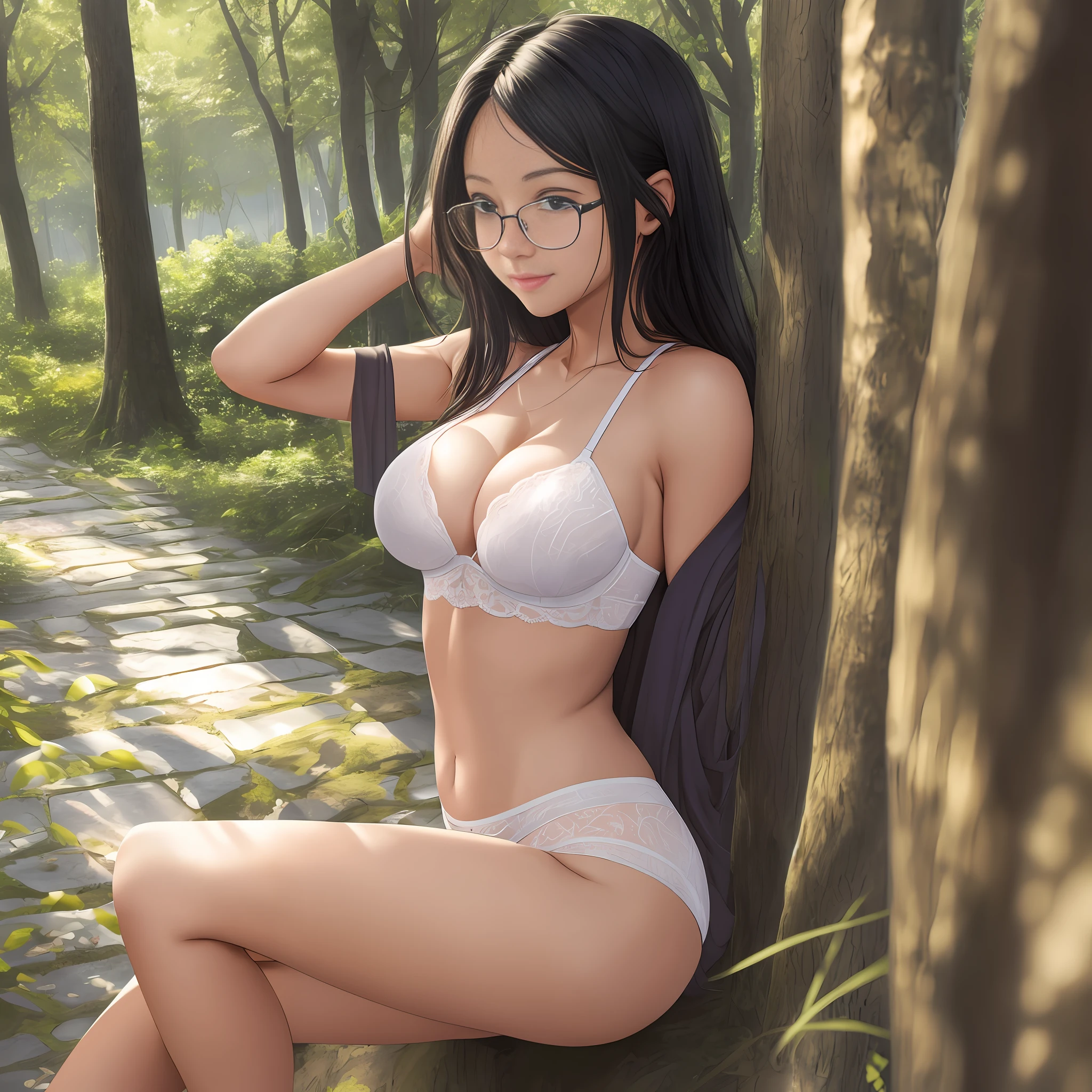 (Masterpiece: 1.2, Best Quality, Intricate Detail, Super Detail, Super High Quality, High Resolution, Best Shadow, Best Lighting, 4K) Kasen Tosu,
cleavage, nice hips, Face: 1, Glasses, Gentle smile, Little sagging eyes, (long black hair), Sunlight coming through the trees, Warm lighting, Colorful, White cotton underwear, Underwear, Turned around, Tall girl, Gym sitting