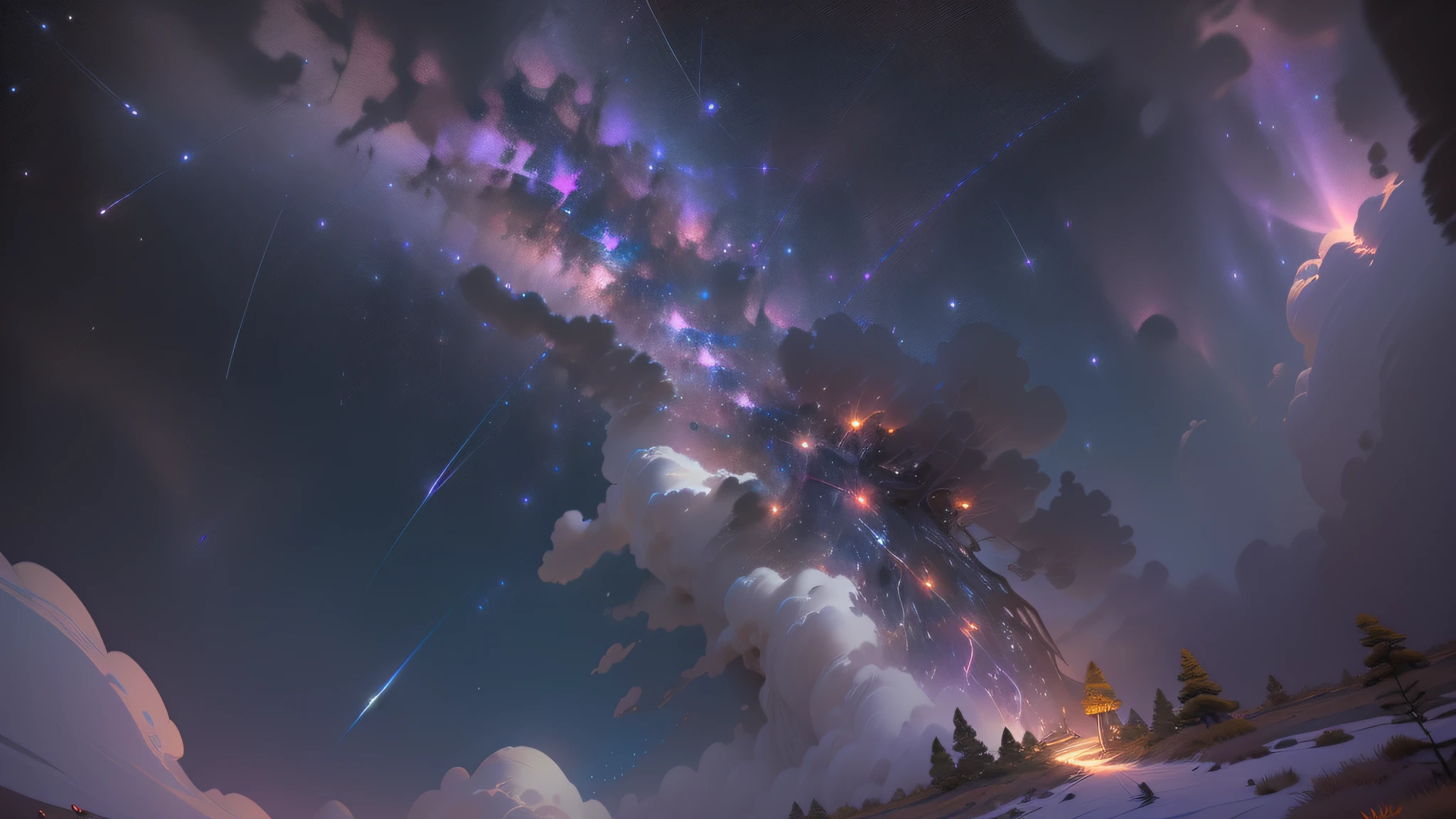 (zoomed out:1.1), (meteor shower:1.2), (comet:1.1), low angle, aroura borealis, shooting star, cloud, colorful, starry, stars, night, flower field, flower blossom, night sky, beautiful flowers, night theme, Surrealism, high detail, from below, from below, Hyperrealism, Impressionism, best quality, masterpiece, UHD, retina, award winning, 4K, anatomically correct, super detail