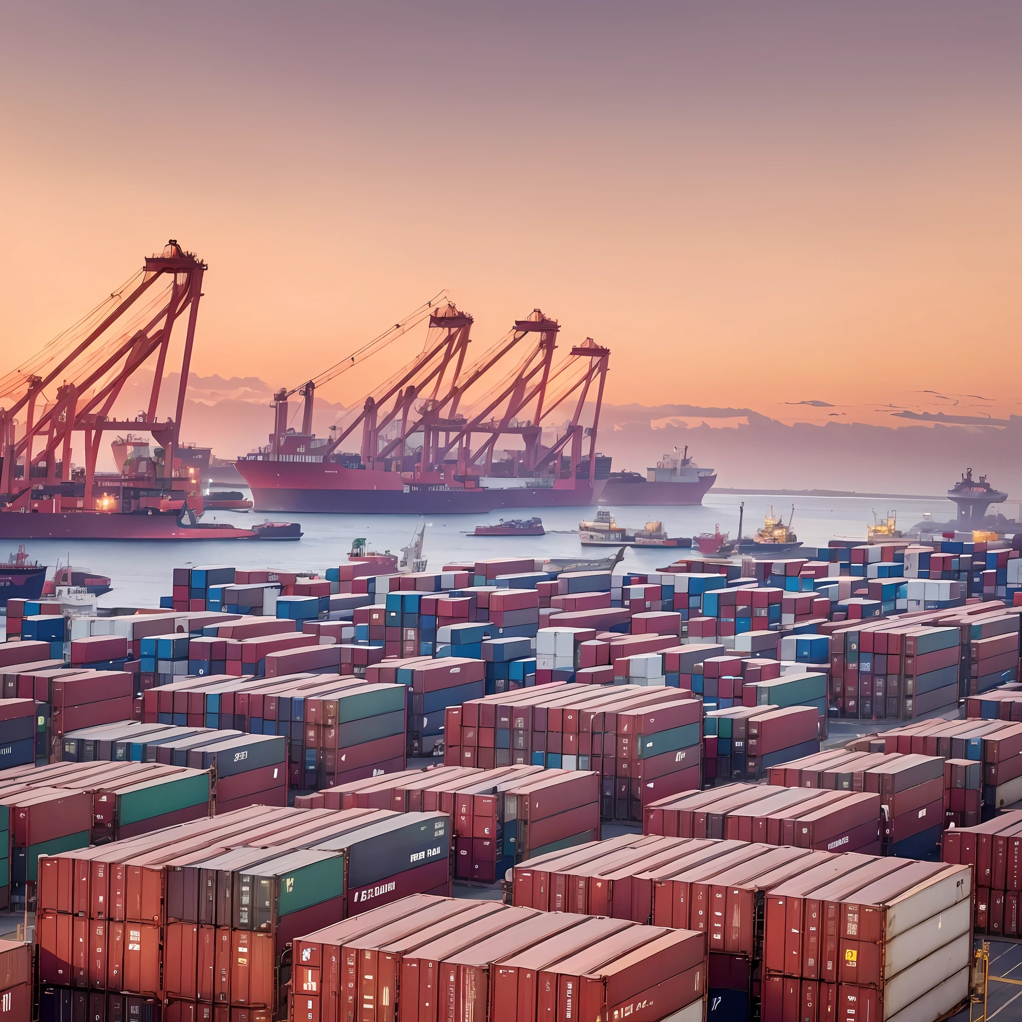 Large panorama of container port, neat and orderly bridge crane, container, the sea in the distance, cargo ships shuttling back and forth in the sea, sunset, --auto --s2