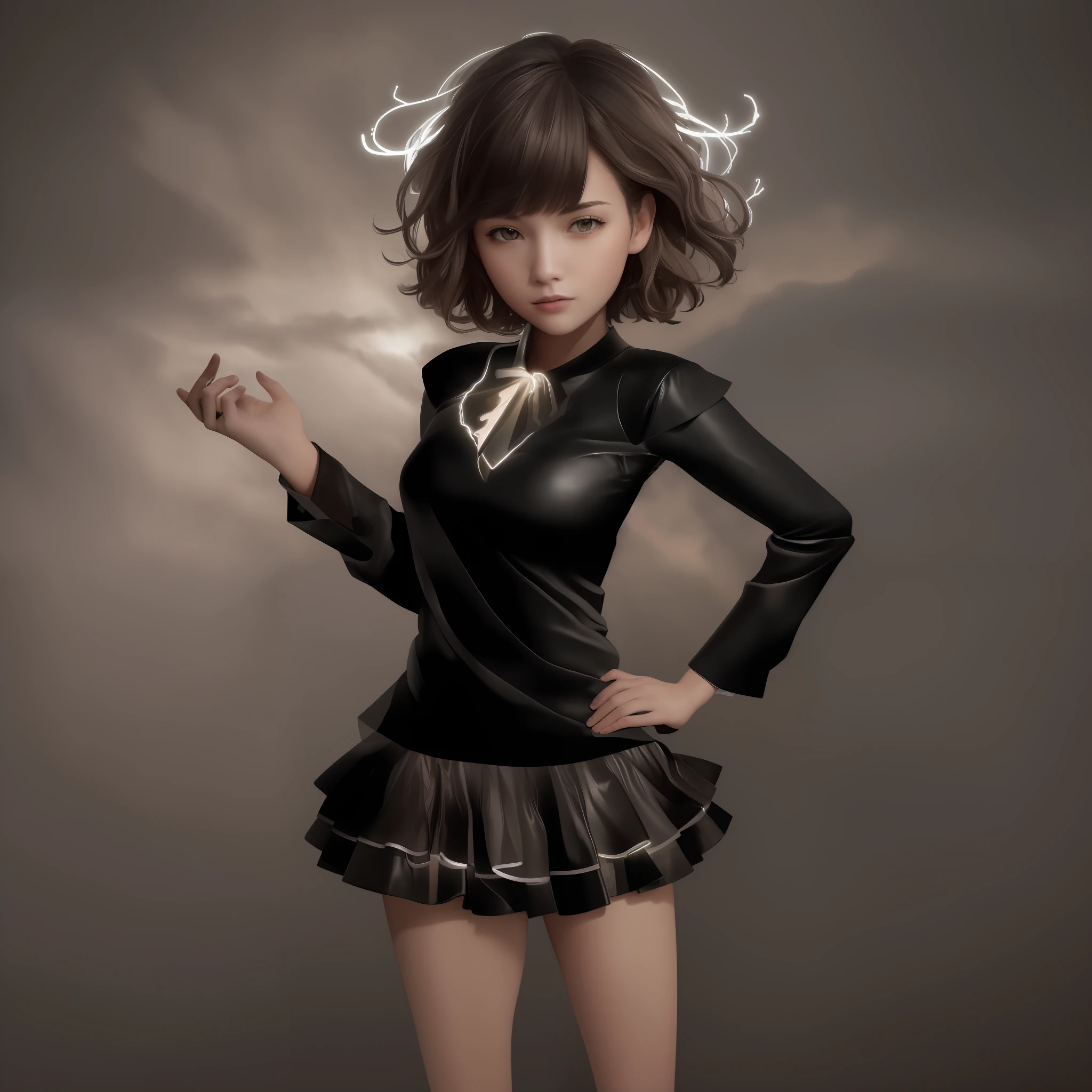 Top quality, masterpiece, ultra-high resolution, a la fed image of a woman in a black leather jacket and black leather skirt, Reilingen, lightning, a lot of lightning, drawing, lightning elemental energy to herself, beautiful girl, (the body is wrapped in lightning: 1.3),
