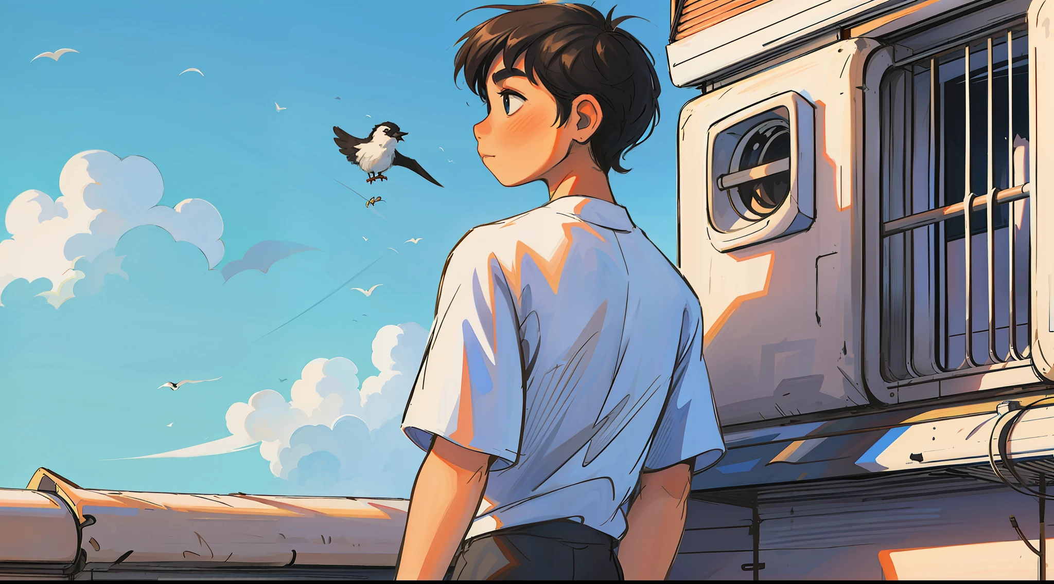 air conditioner,1boy, sky, bird, blue sky, male focus, outdoors, white shirt, shirt, black hair, cloud, solo, pants, rooftop, standing, black pants, day, wide shot, short sleeves, from behind, short hair, building, crow, animal, shadow