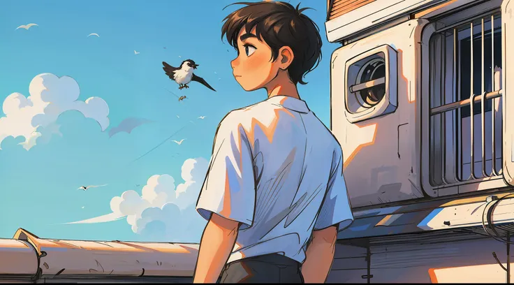 air conditioner,1boy, sky, bird, blue sky, male focus, outdoors, white shirt, shirt, black hair, cloud, solo, pants, rooftop, st...