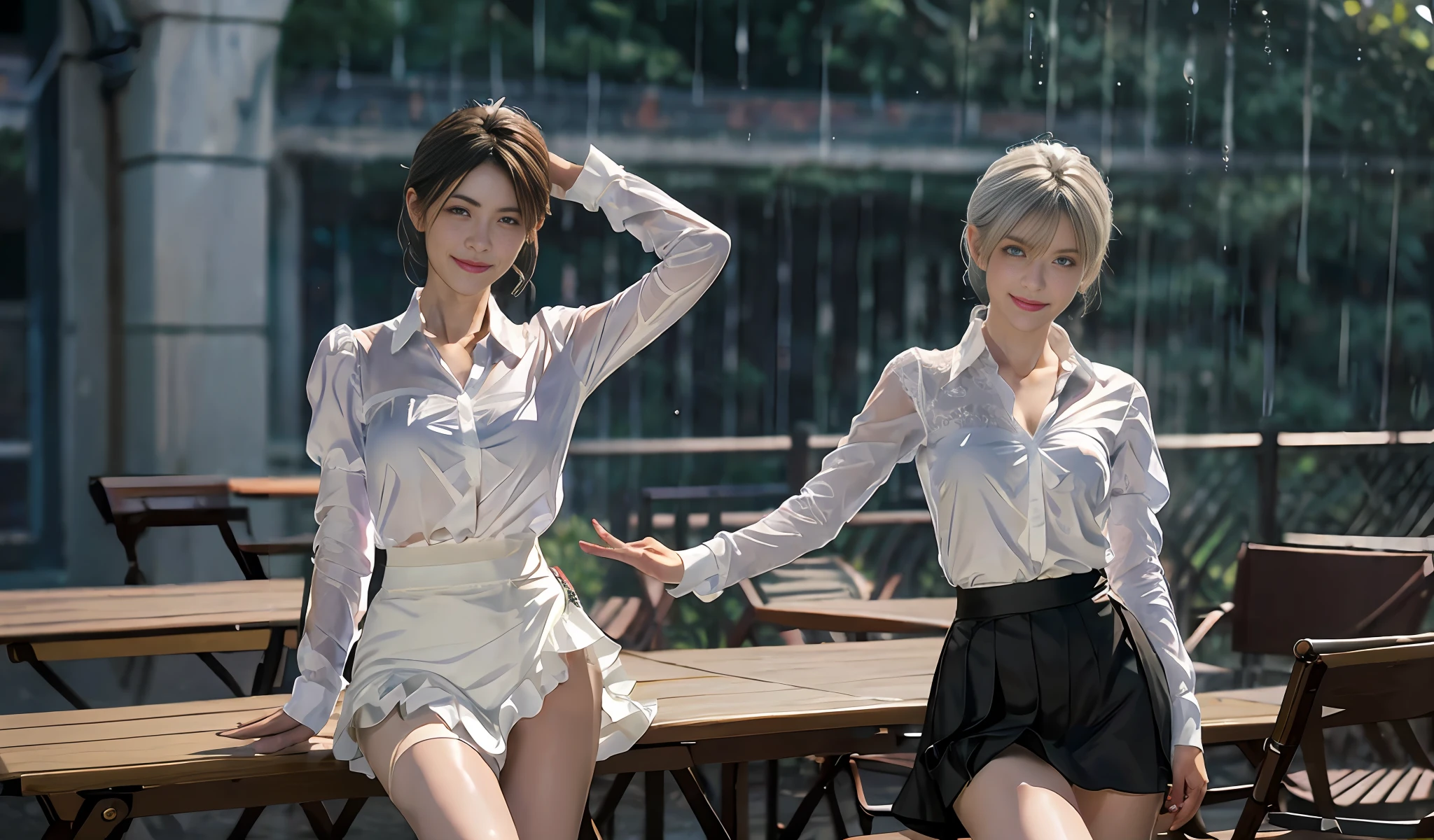 (8K, best quality, masterpiece: 1.2), (realism, fidelity: 1.37), super detailed, soft light, best quality, super high resolution, hdr raw, clear focus, complex texture, fine skin, 1 girl,, solo, beautiful detail sky, detail café, windowing,, blush, (smile: 1.15), (shut up), mid-chest, delicate eyes, delicate nose, rain, (short hair: 1.5), flowing NovaFrogStyle, silver hair, messy hair, squint, thin eyebrows, mature face, plump body, (collared shirt, lace, transparent shirt, white silk calf socks)), dark studio, edge lighting, ((rain outside, wet skin, wet shirt, wet hair)), long legs, [[ Black lace styling lingerie]], ((hair over one eye)), arms wrapped, arms wrapped, (messy fabric, messy skirt, messy underwear, lifted shirt), perfect feet, open legs, looking at the audience,