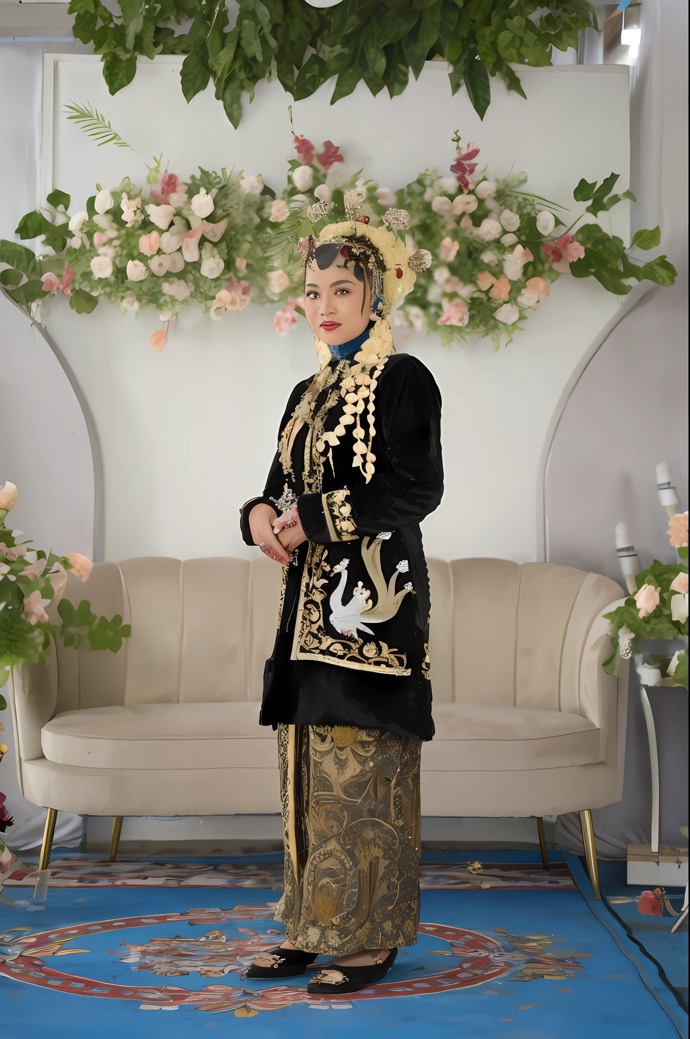 there is a woman standing in a room with a couch and a clock, traditional dress, traditional clothes, wedding, traditional clothing, wearing an ornate outfit, taken with canon 5d mk4, traditional costume, captured on canon eos r 6, traditional beauty, ornate attire, traditional, portrait shot, portrait n - 9, wearing ornate clothing, bride, couple. Hight quality, 4k, realystic skin