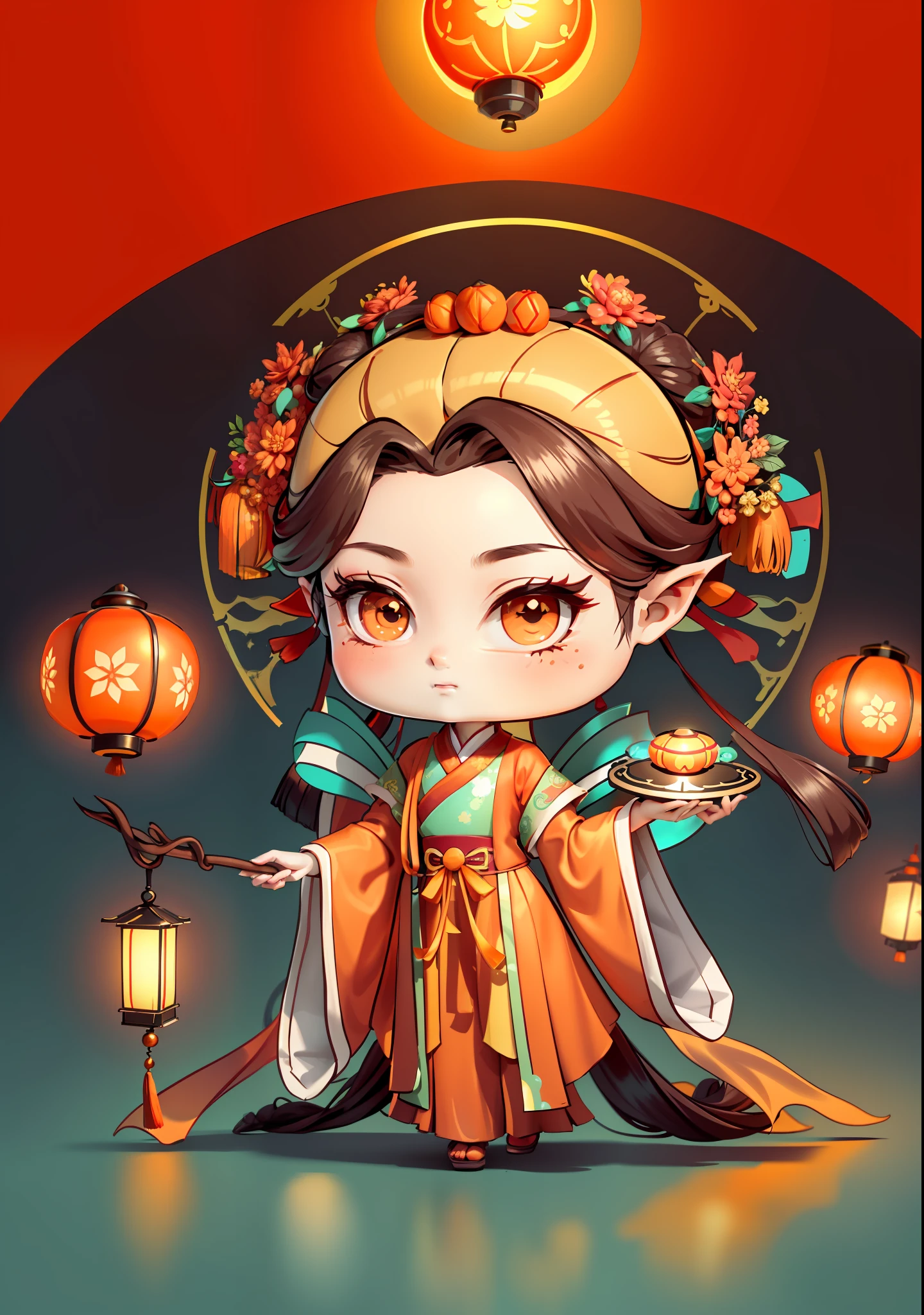 A Chinese girl in Hanfu, holding a lantern in one hand, dragging mooncakes with the other, autumn, Mid-Autumn Festival, mooncakes, dark brown hair, ancient Chinese hair bun, pattern, orange-red skirt, cyan-orange color matching, golden osmanthus flowers on both sides of the hair, some metallic flower headdresses, bright color blocks, bright colors, line art, infinite details, fine painting, exquisite portrayal, blank background 8k,