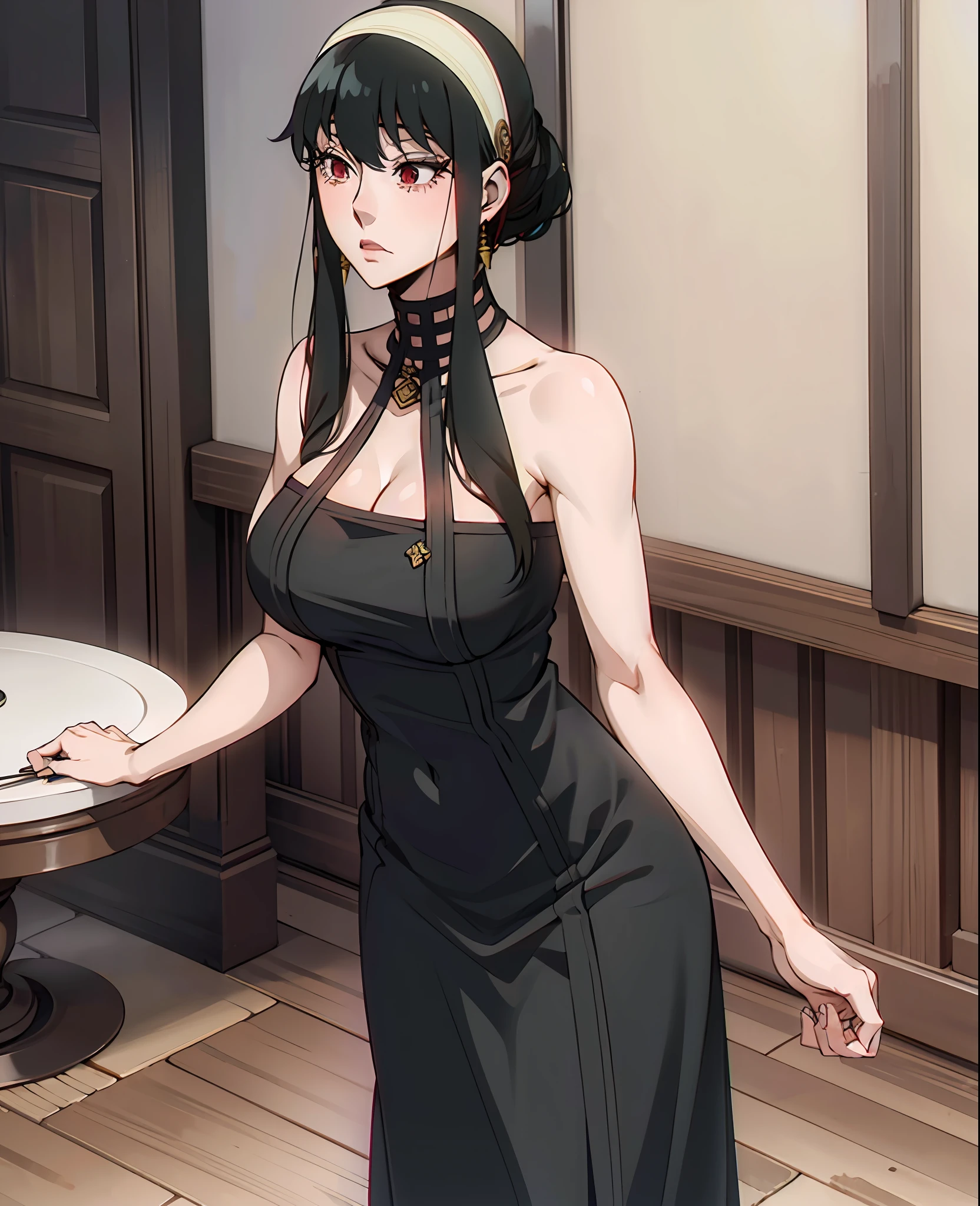 mature woman,Yor briar,(long sidelocks ,short hair, short hair with long locks:1.2), bangs,((long dress,black black dress:1.2)),red eyes,gold earrings, sleeveless dress, collarbone, black hair  ,black thighhighs, , yor holding daggers with her perfect hands, blank stare , expressionless , eyes half-closed ,standing, (( cute round face , long eyelashes,eyeliner))