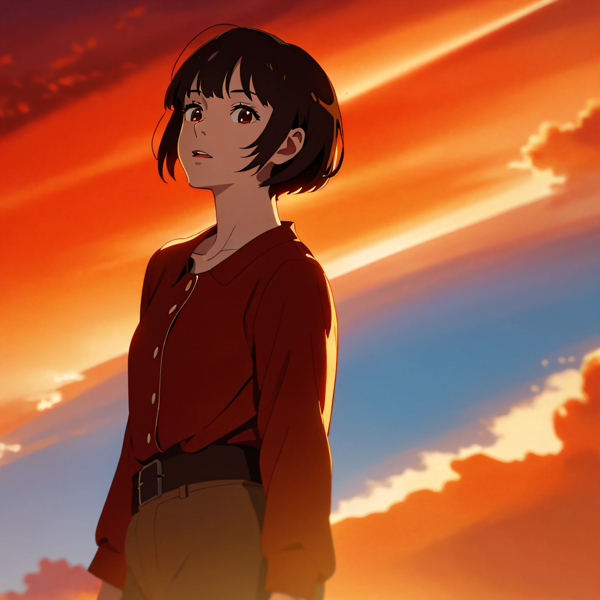 (Masterpiece: 1.2, highest quality), (Lighting) 3, detailed anime style illustration, young and very pretty woman looking up at the sunset, (glossy skin: 1.2), standing, brown short hair, bangs, low angle, face up, solo, red shirt, Makoto Shinkai, anime style, dyed red by the setting sun, the background is only red sky