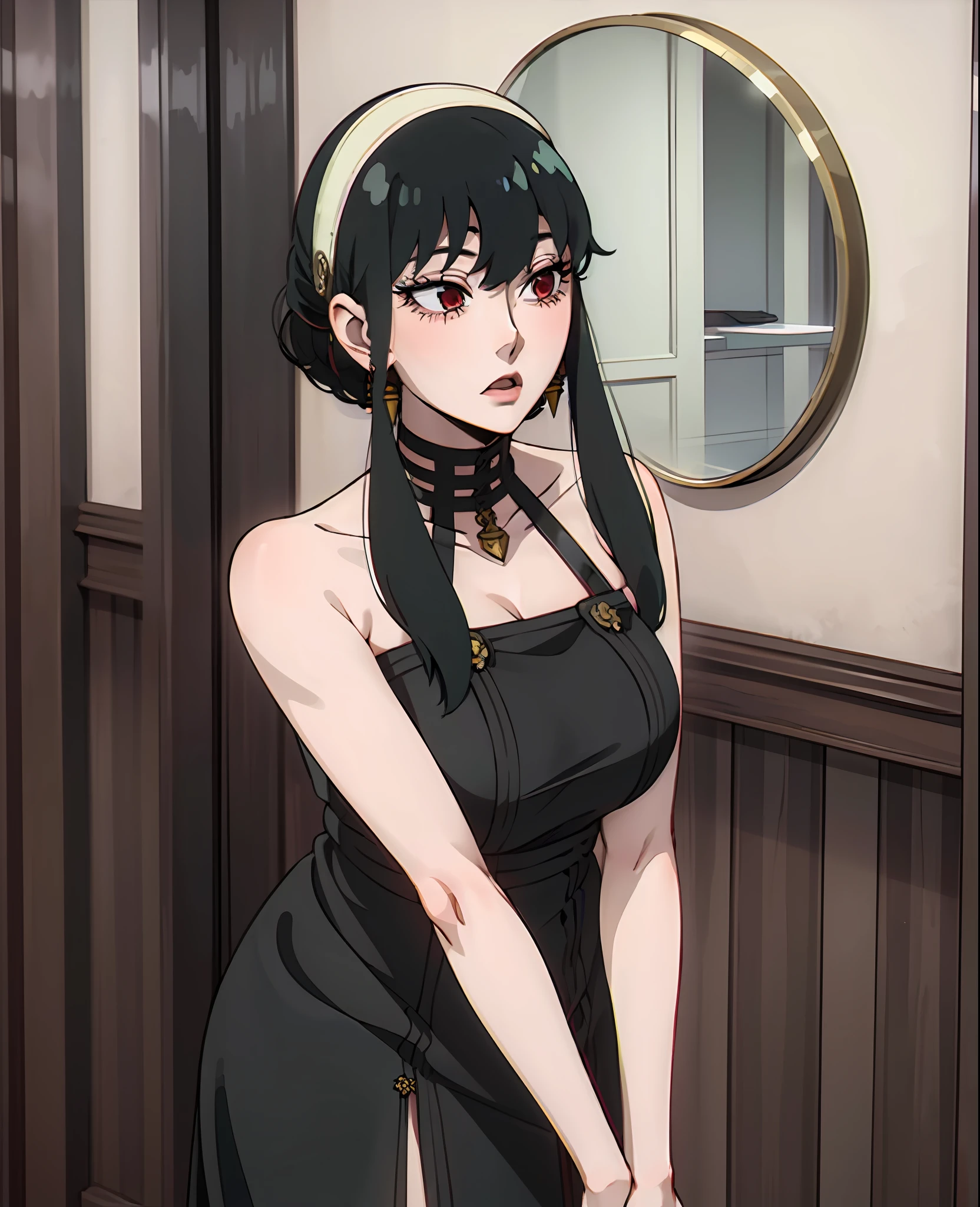 mature woman,Yor briar,(long sidelocks ,short hair, short hair with long locks:1.2), bangs,((long dress,black black dress:1.2)),red eyes,gold earrings, sleeveless dress, collarbone, black hair  ,black thighhighs, , yor holding daggers with her perfect hands, blank stare , expressionless , eyes half-closed ,standing, (( cute round face , long eyelashes,eyeliner))