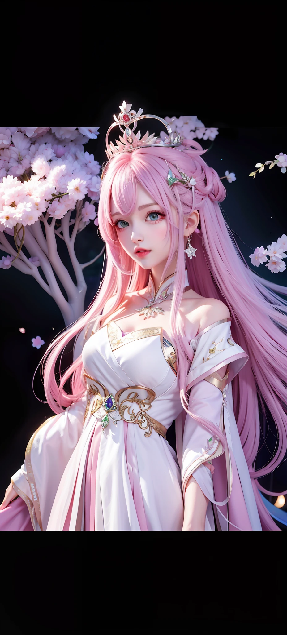 Long pink hair, green eyes, princess, silver crown, pink-purple robe, white long dress,