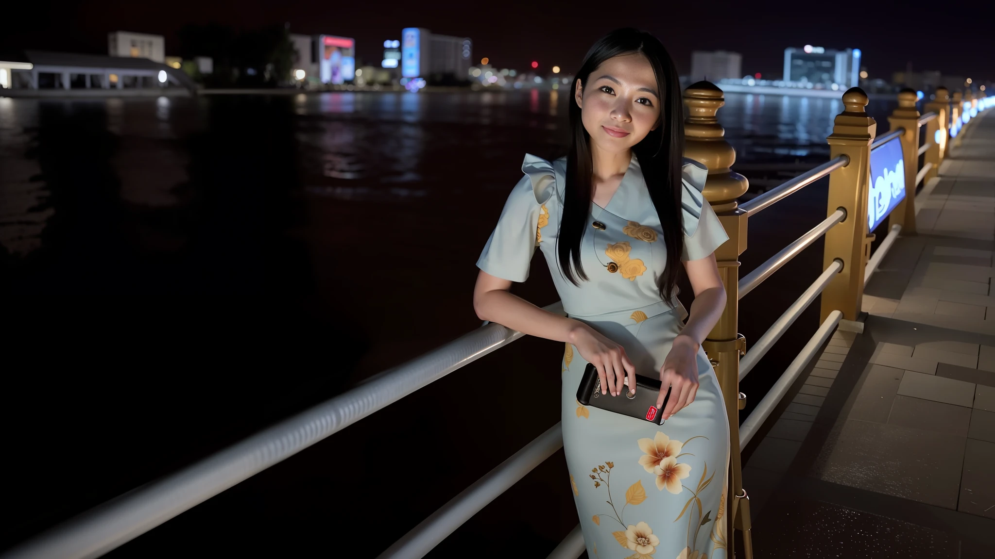 there is a woman standing on a bridge at night, photo taken at night, at night, night photo, traditional art, album art, music video, inspired by Jiao Bingzhen, inspired by Xie Sun, photo taken with canon 5d, photo taken in 2 0 2 0, at night time, chinese girl, fanart, nighttime, in the evening