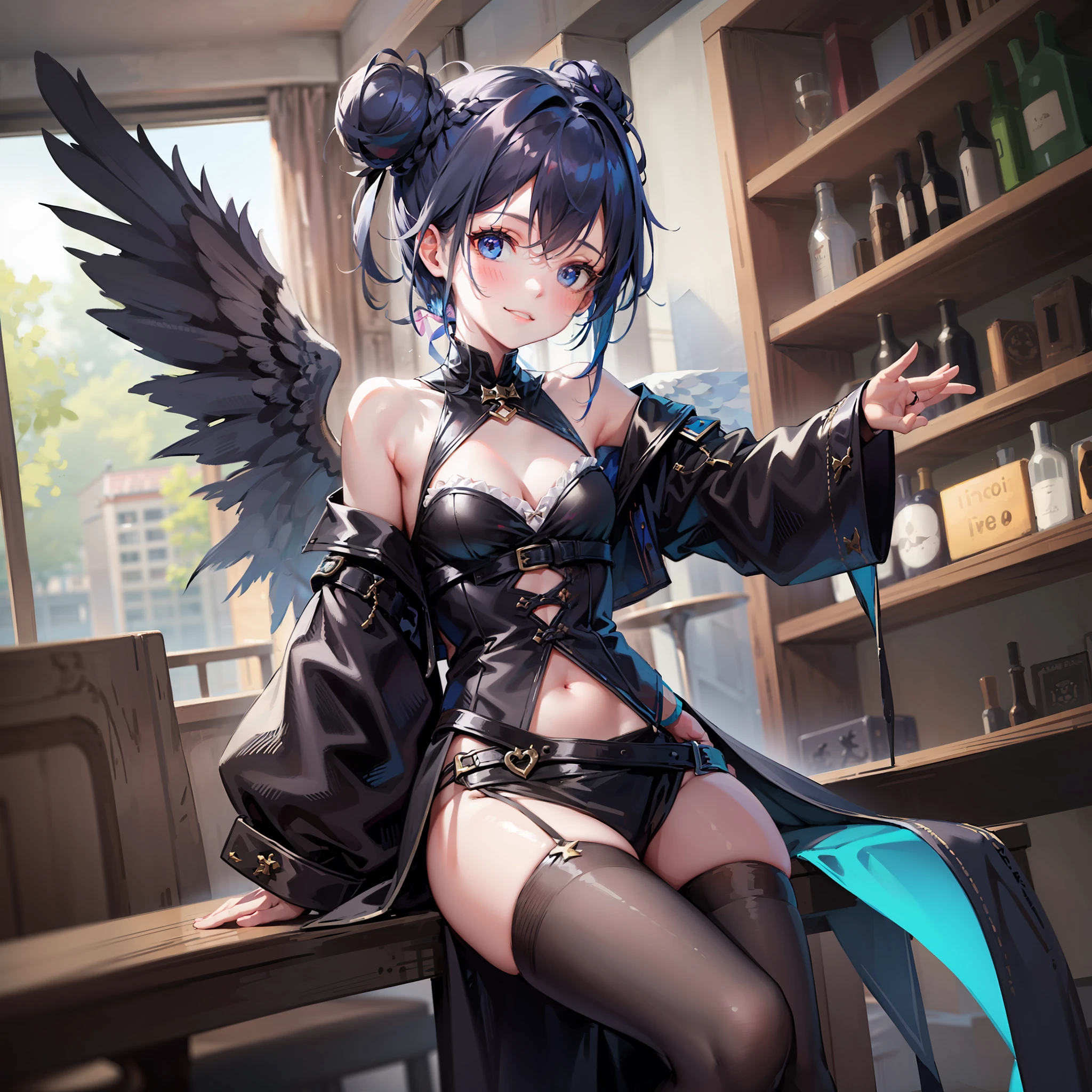 a girl, young, fallen angel, polite barmaid clothes, black wings, gentle smile, black and blue hair, bun hair