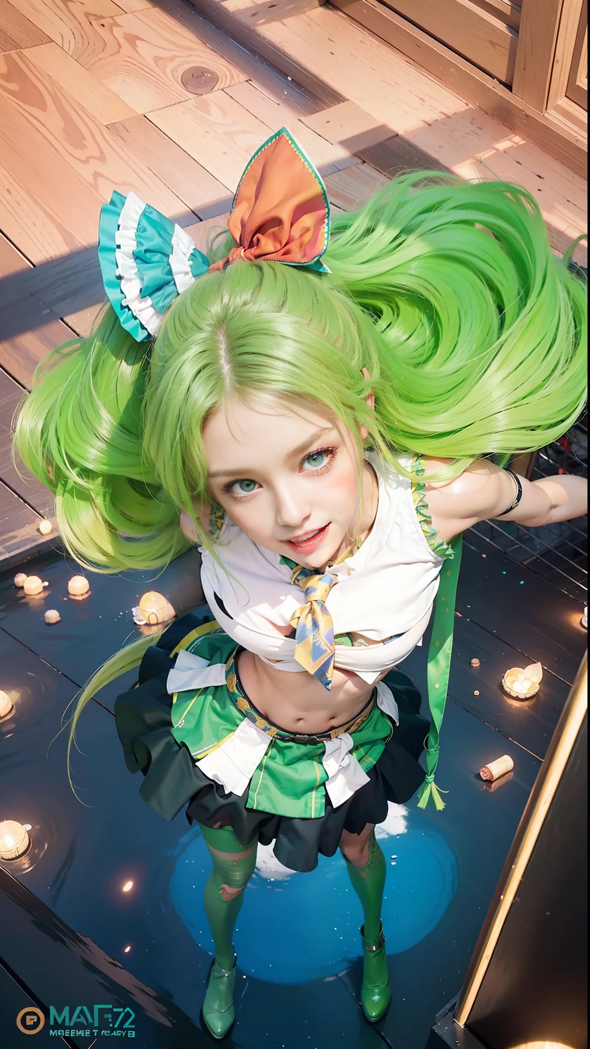 (female:1.2) (bodybuilder:0.8), hyper realistic, masterpiece, photorealistic, real skin, detailed face, detailed skin, detailed lighting, 1girl, (green eyes), long hair, curly hair, green hair, (yellow gradient hair) , half hair, multiple colour hair, hair bow, large breasts, midriff, navel, smile, open mouth, skirt, frills, green legwear, green footwear, necktie, solo, amazing pose, singing, (wink left eye)