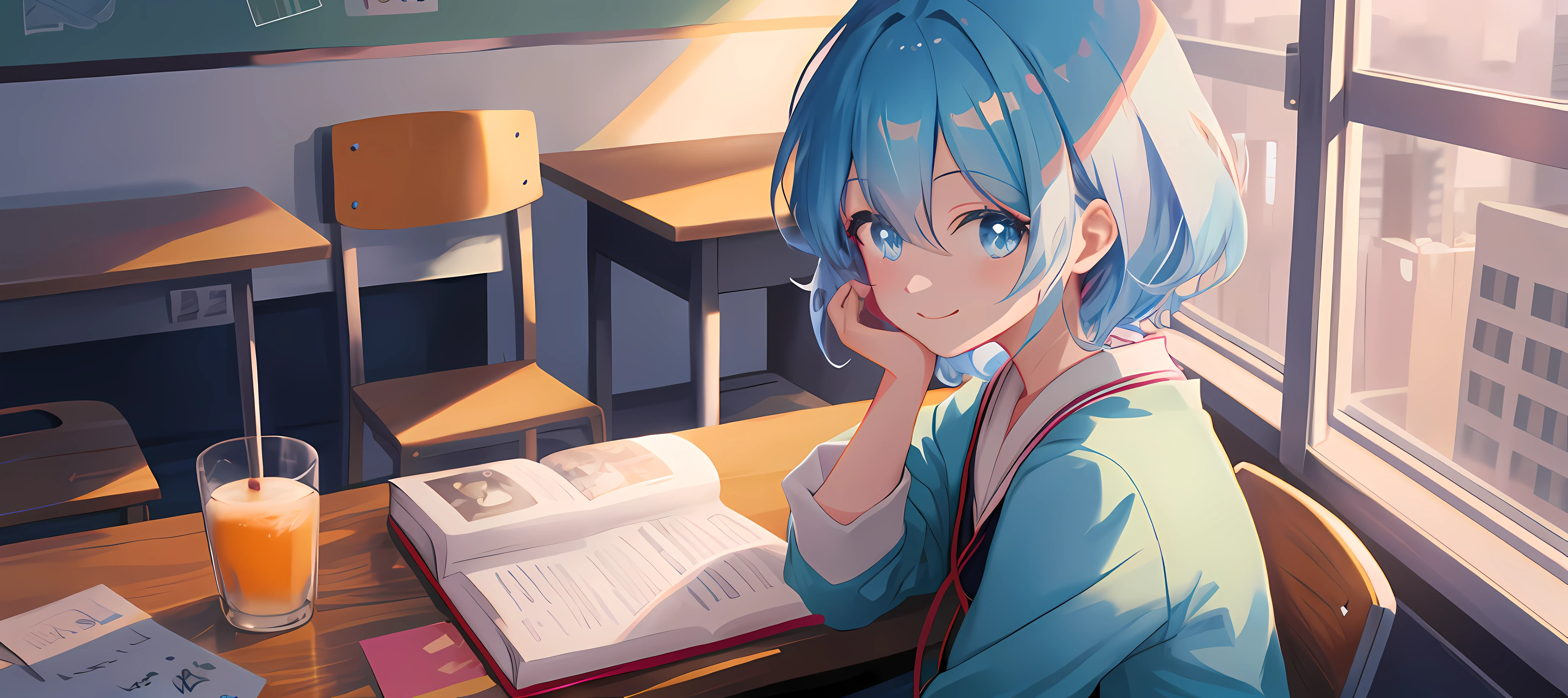 Anime girl sitting at table holding a book and a cup of coffee, anime style 4 K, anime moe art style, anime style. 8K, anime! 4K, anime! 4 k, 4 k manga wallpaper, night core, digital anime illustration, anime art wallpaper 4k, anime style portrait, anime art wallpaper 4k, anime art wallpaper 8 k, extreme light and shadow, detailed facial portrayal, smile