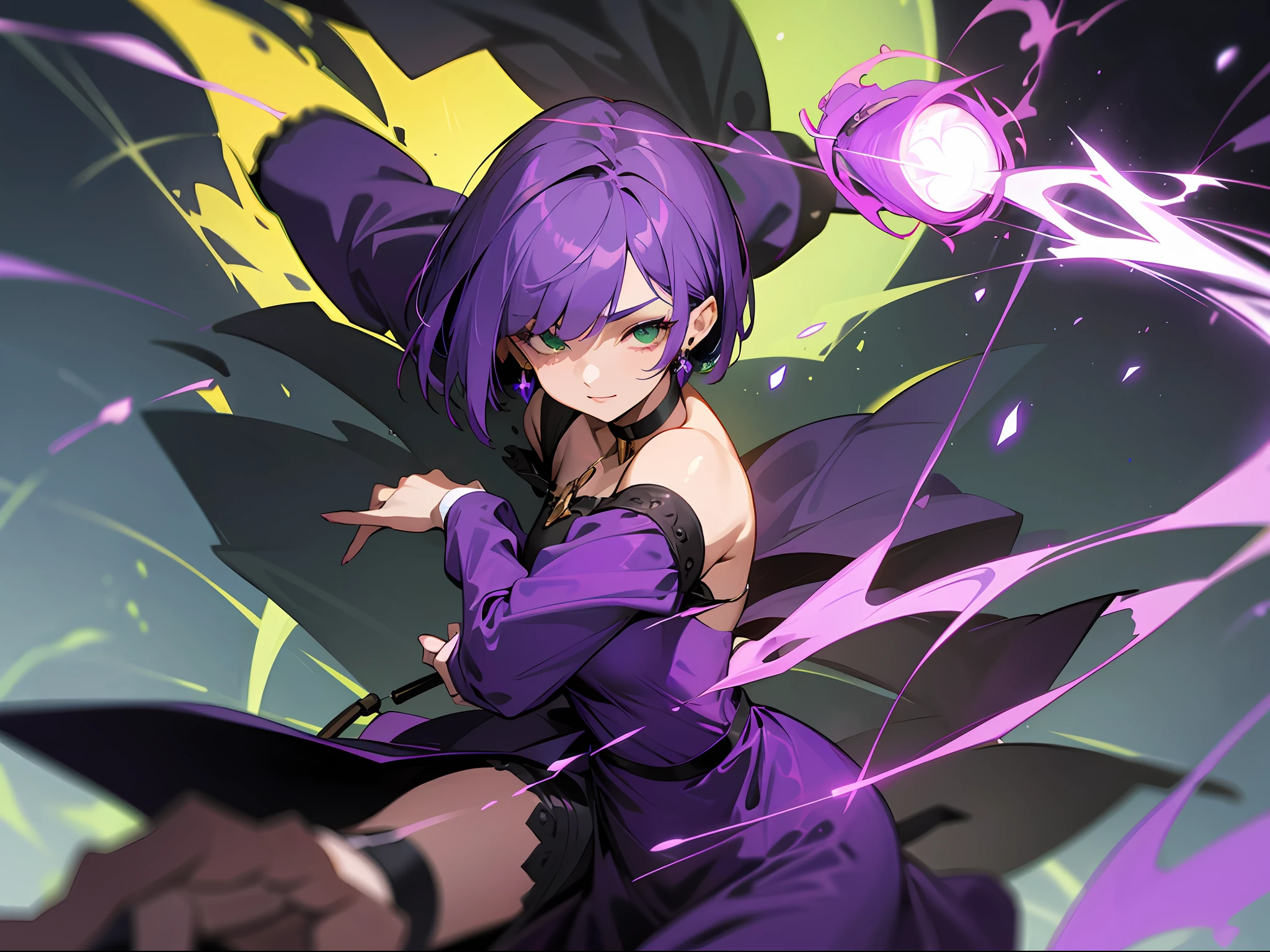 mature woman , purple hair , bob cut , hair over eyes ,green eyes, witch woman, mage lady , witch dress , detached sleeves , casting spell with both hands , ((purple fire magic)) , stockings , choker,cross earrings , hair covering one eye