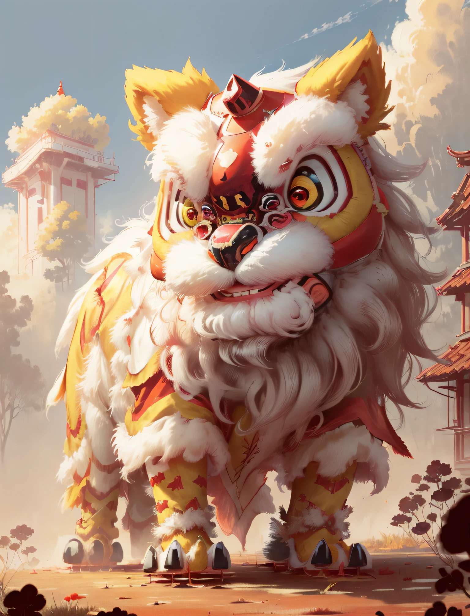 xingshi, lion costume, extra detailed, 8k, 4 legs, outdoors, beautiful sky, close up, high resolution, (Anime Scene, Toonshading, Satoshi Kon, Ken Sugimori, Hiromu Arakawa:1.2), (Anime Style, Manga Style:1.3), Low detail, sketch, concept art, line art, webtoon, manhua, hand drawn, defined lines, simple shades, minimalistic, High contrast, Linear compositions, Scalable artwork, Digital art, High Contrast Shadows, glow effects, humorous illustration, big depth of field, Masterpiece, colors, concept art, trending on artstation, Vivid colors, dramatic