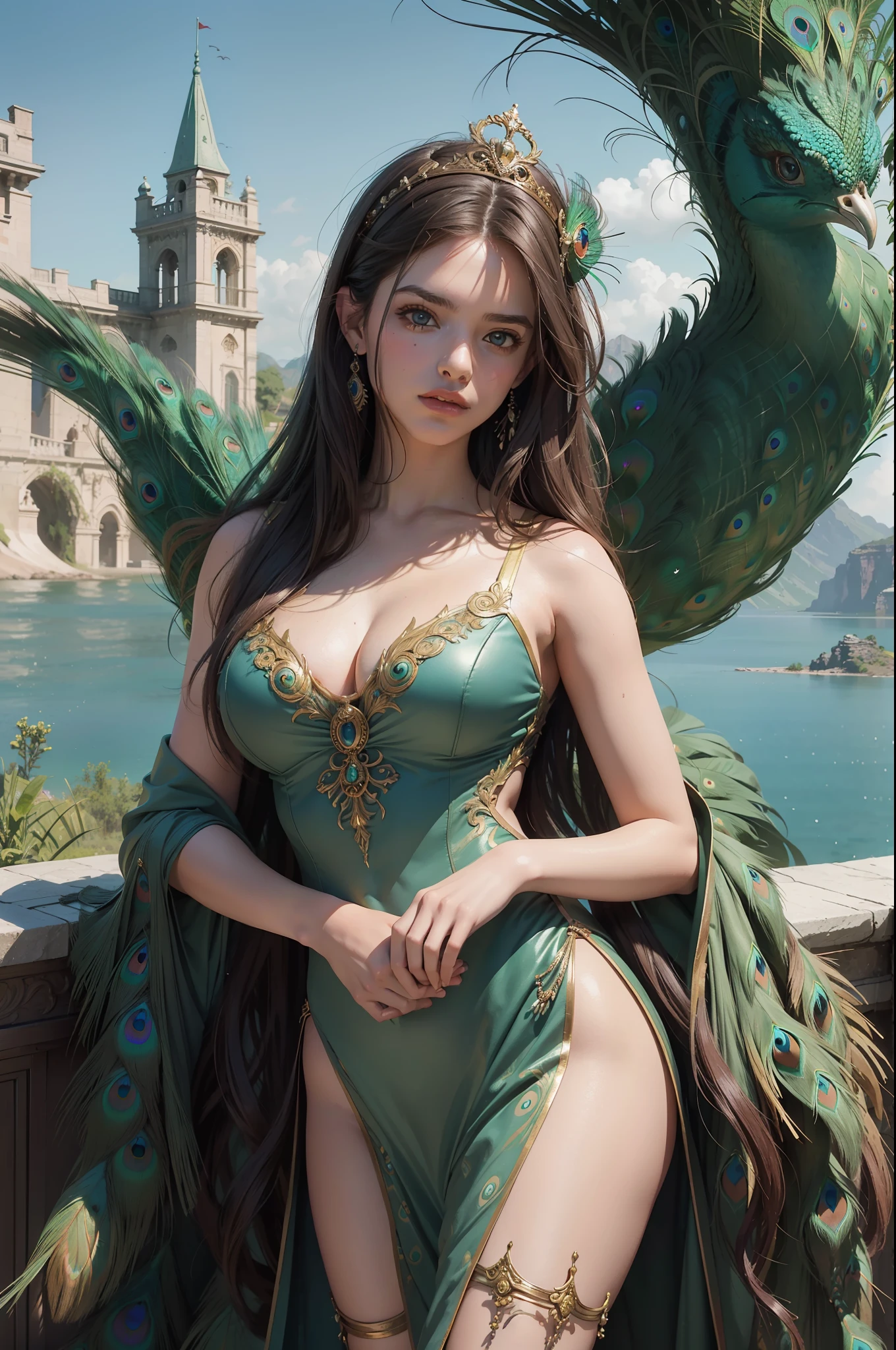 fantastic realism, masterpiece, super detailed, 1 beautiful girl, hugging a giant peacock, plain, background lake, detailed background, (top quality, Alessandro Casa Grande, Greg Rutkowski, Sally Mann, concept art, 4k),